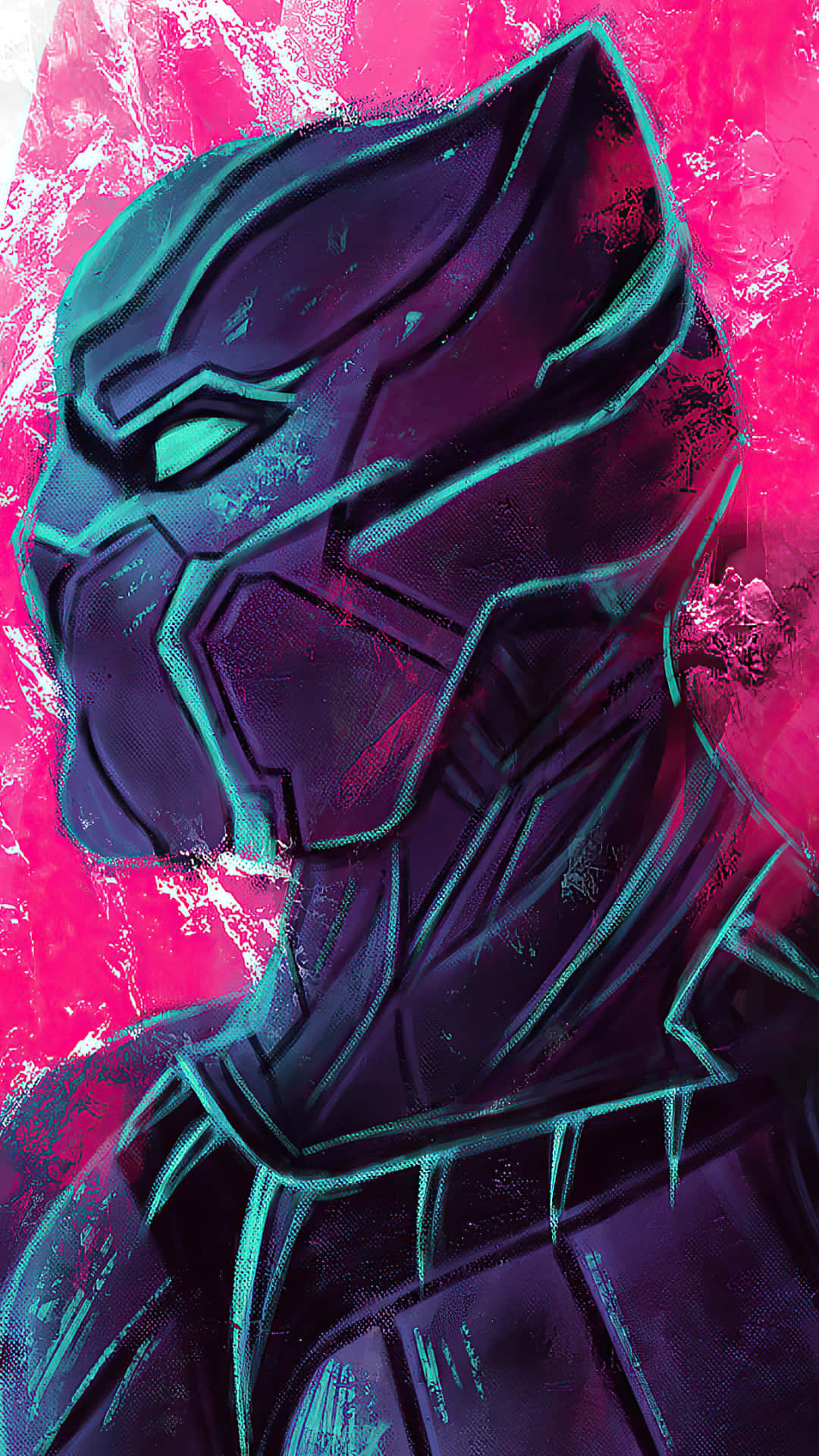 Black Panther, glowing teal lines, vibrant pink textured background, Full HD Phone Wallpaper