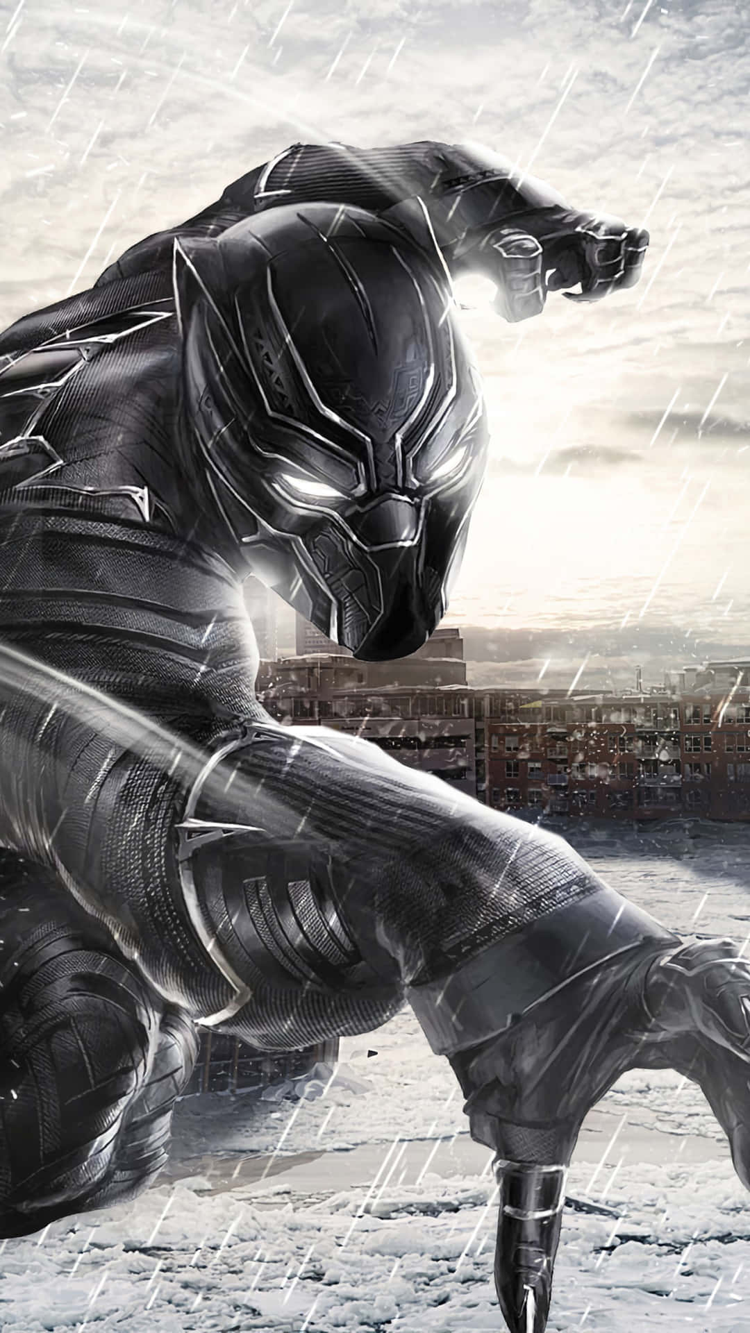 Black Panther, rainstorm, snowy urban rooftop, Full HD Phone Wallpaper