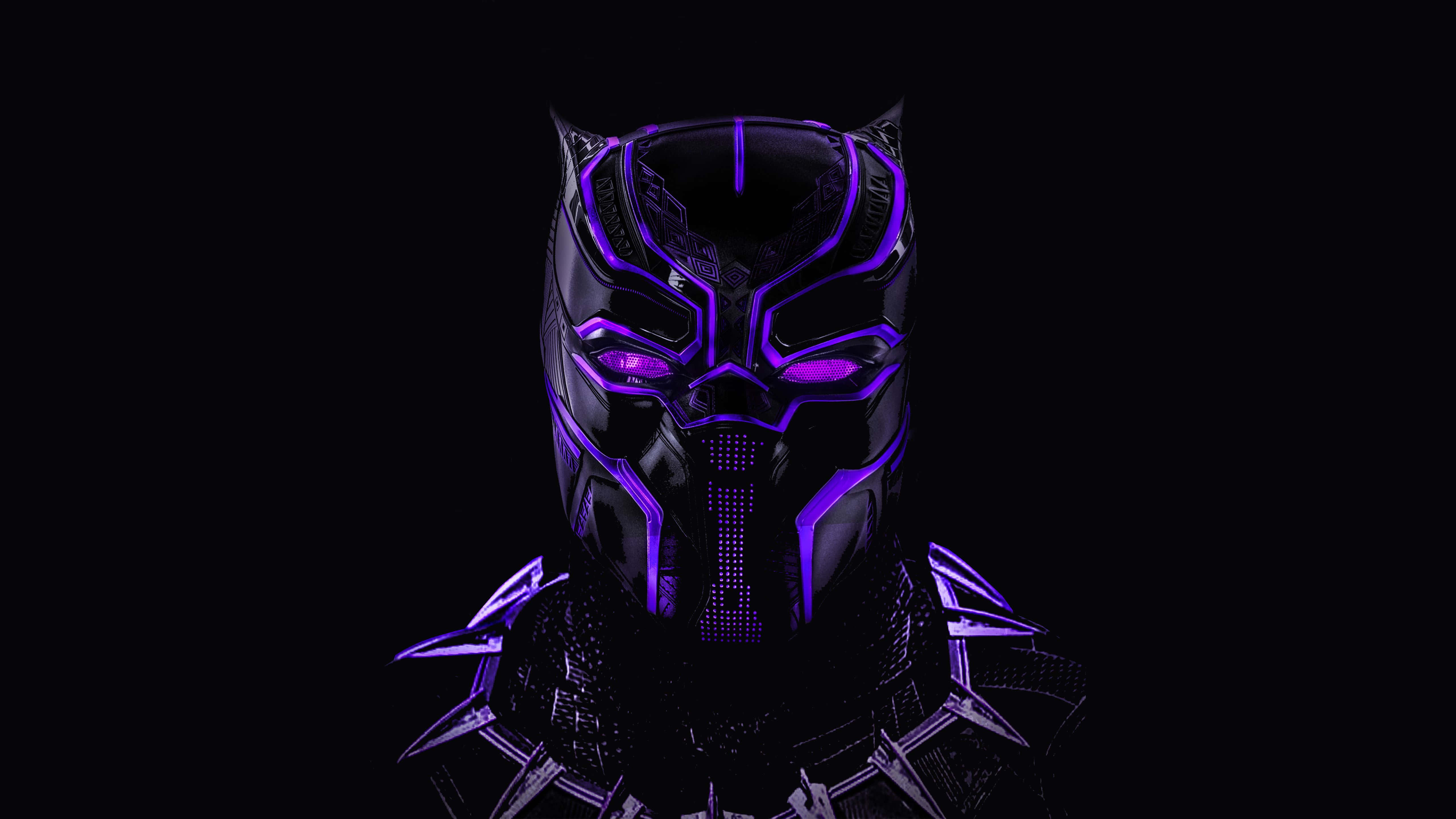 Black Panther, glowing purple armored mask, pure black background, 5K Desktop Wallpaper