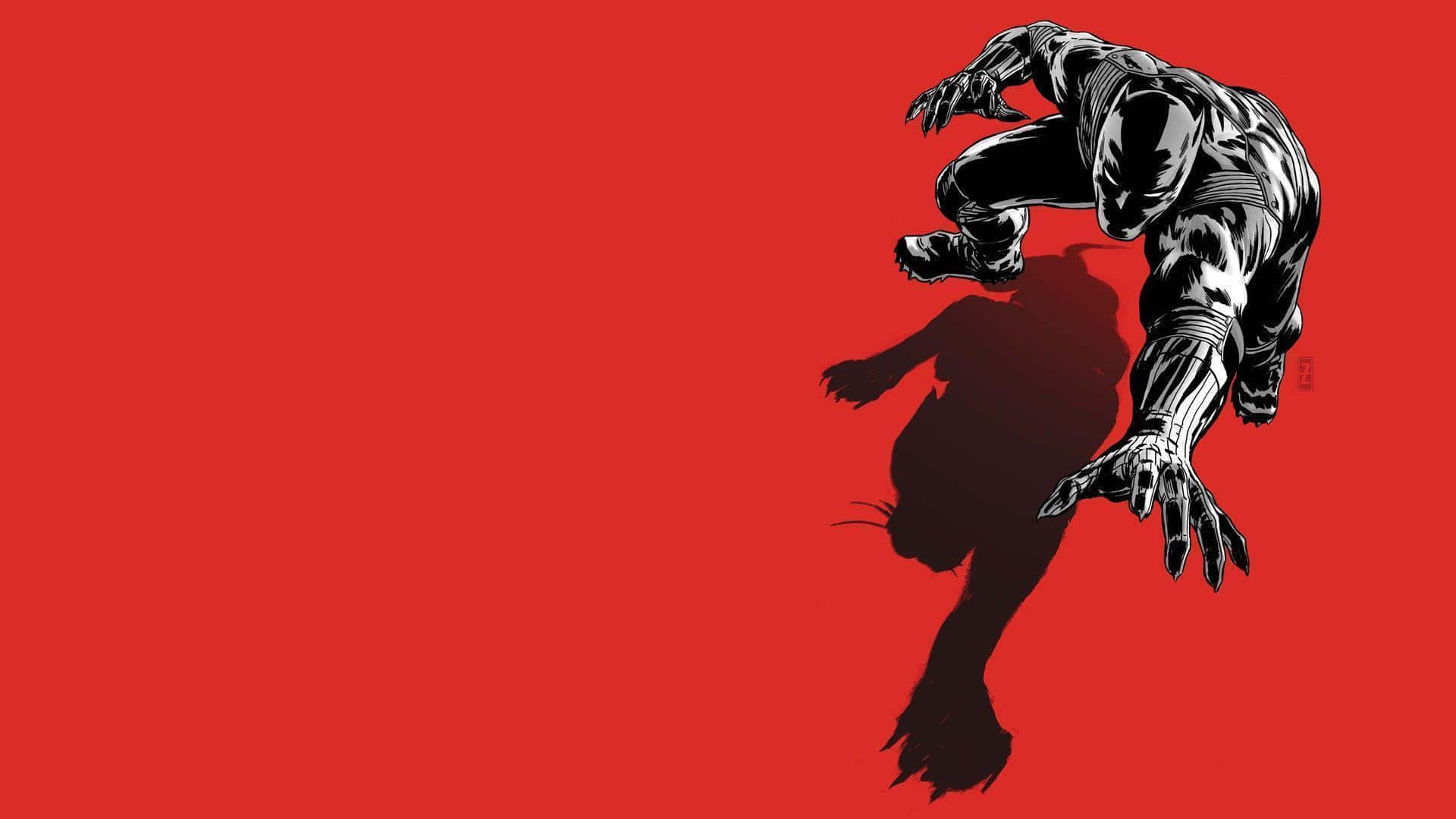 Black Panther hero, black and white illustrated superhero, bold red background, Full HD Desktop Wallpaper