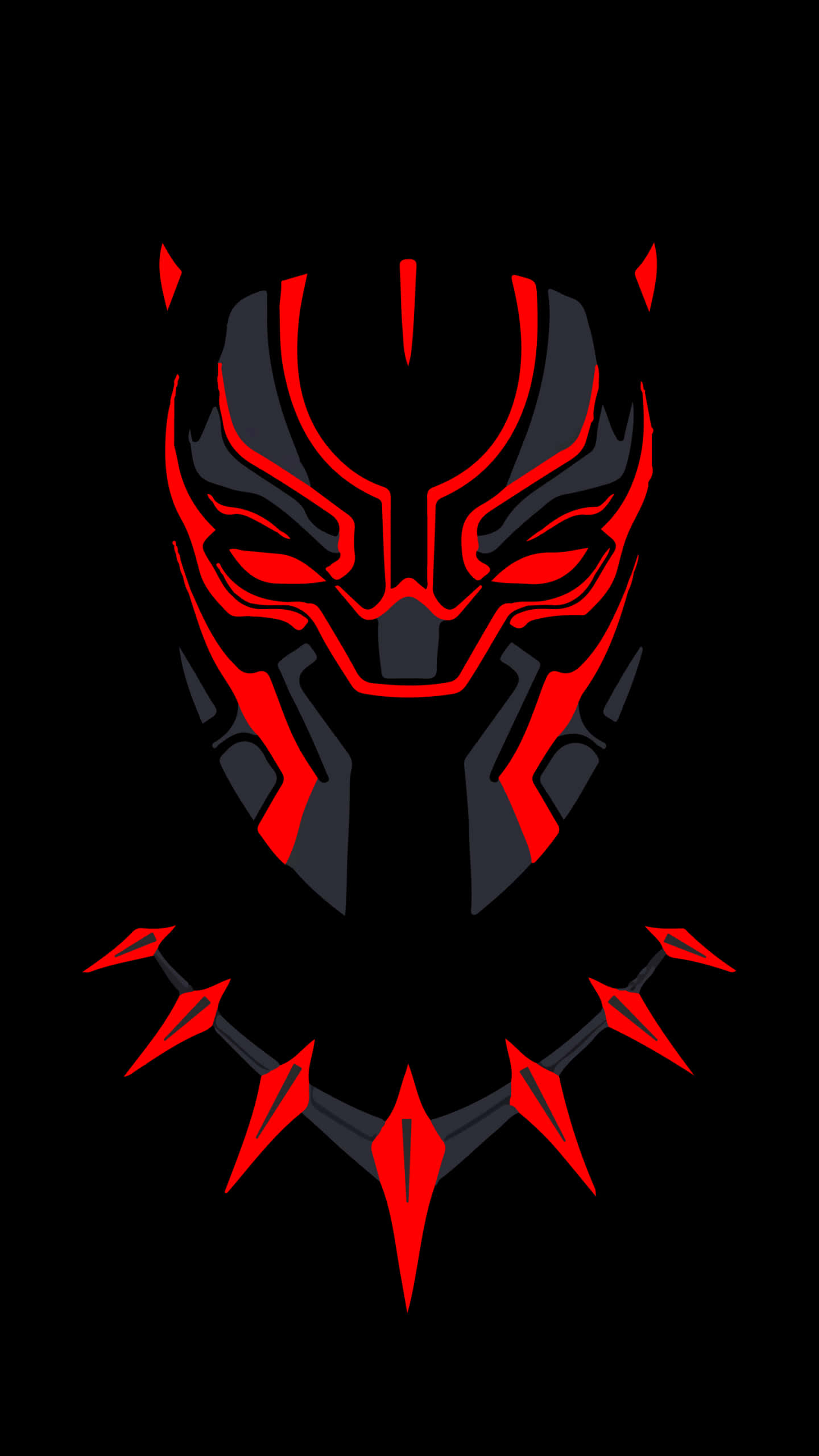 Black Panther hero, red and black stylized Panther mask, jagged necklace, 2K Phone Wallpaper