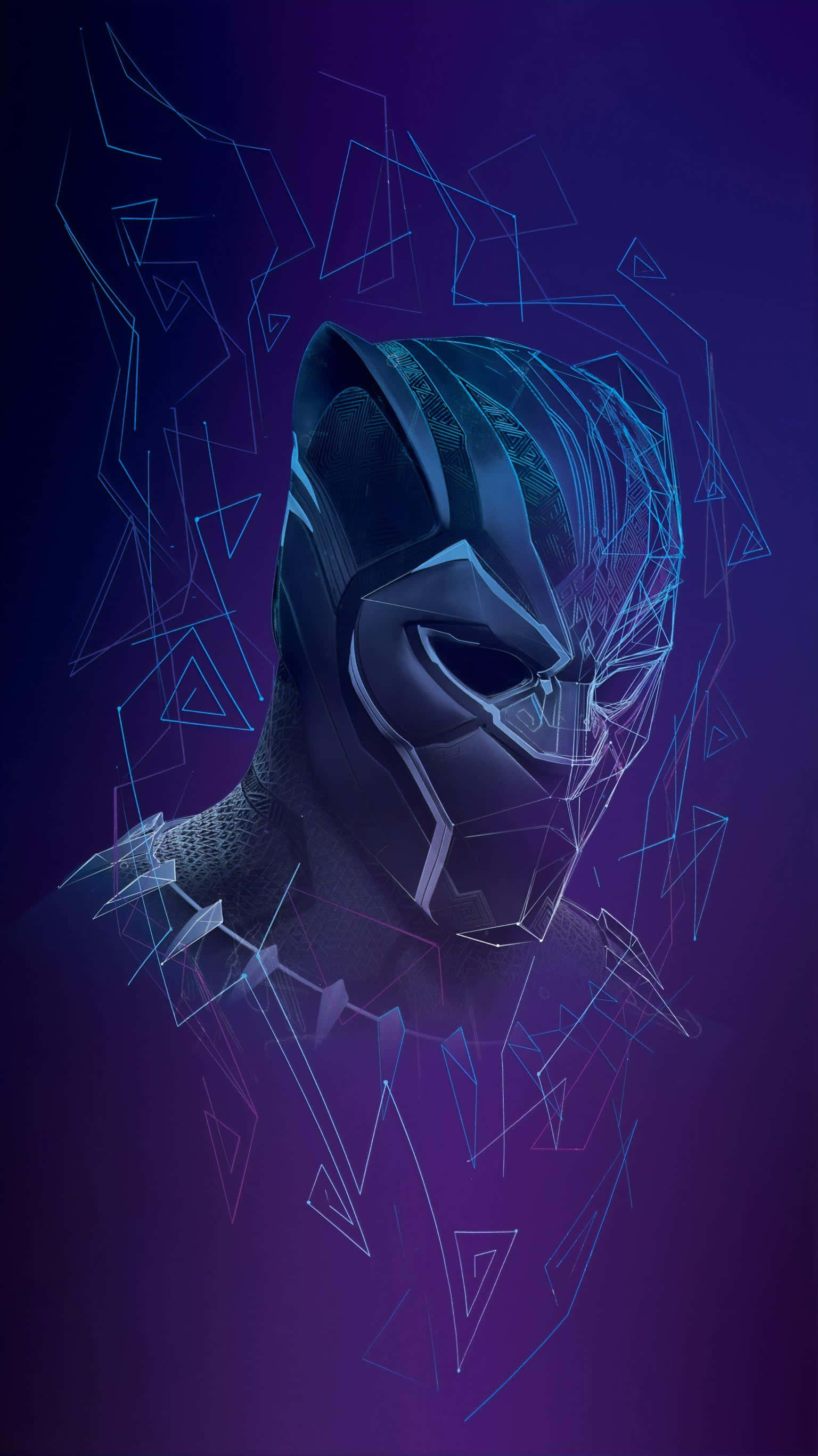 Black Panther, glowing blue geometric lines, deep purple background, 2K Phone Wallpaper