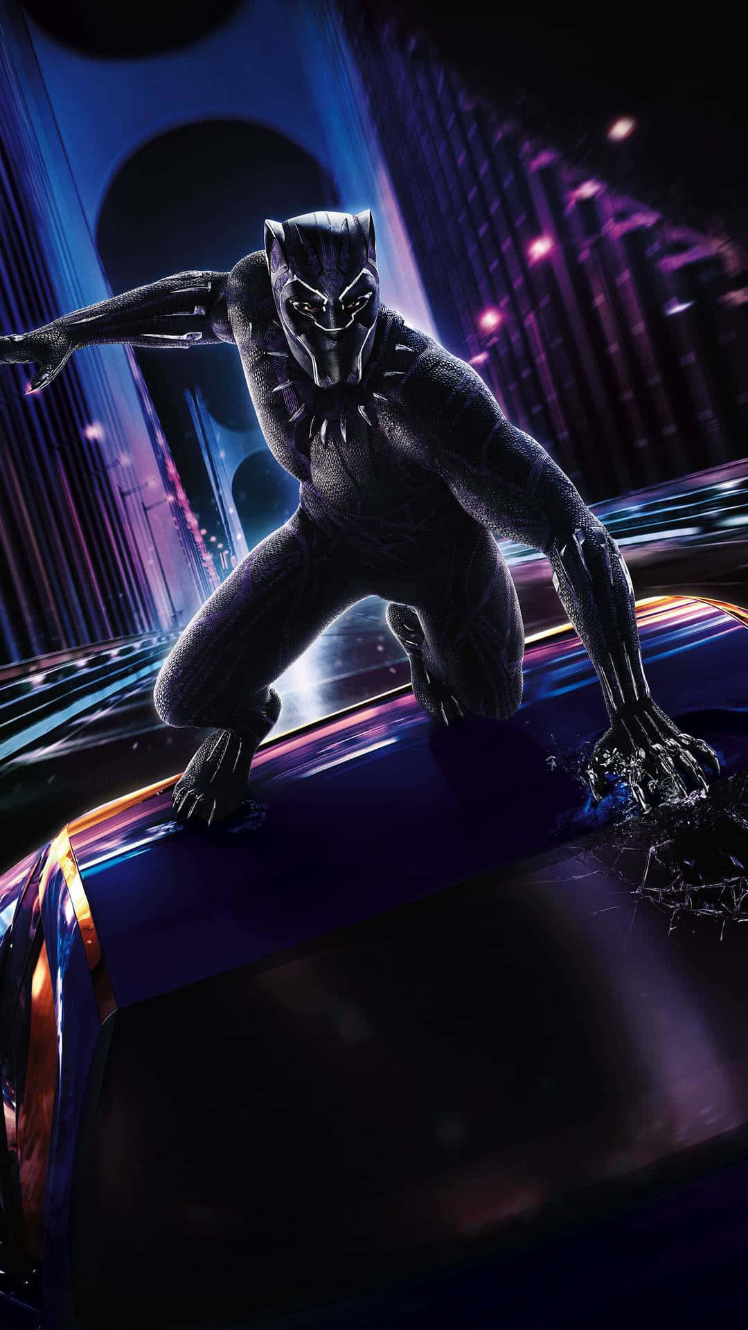 Black Panther, neon-lit futuristic cityscape, purple and blue lights, Full HD Phone Wallpaper