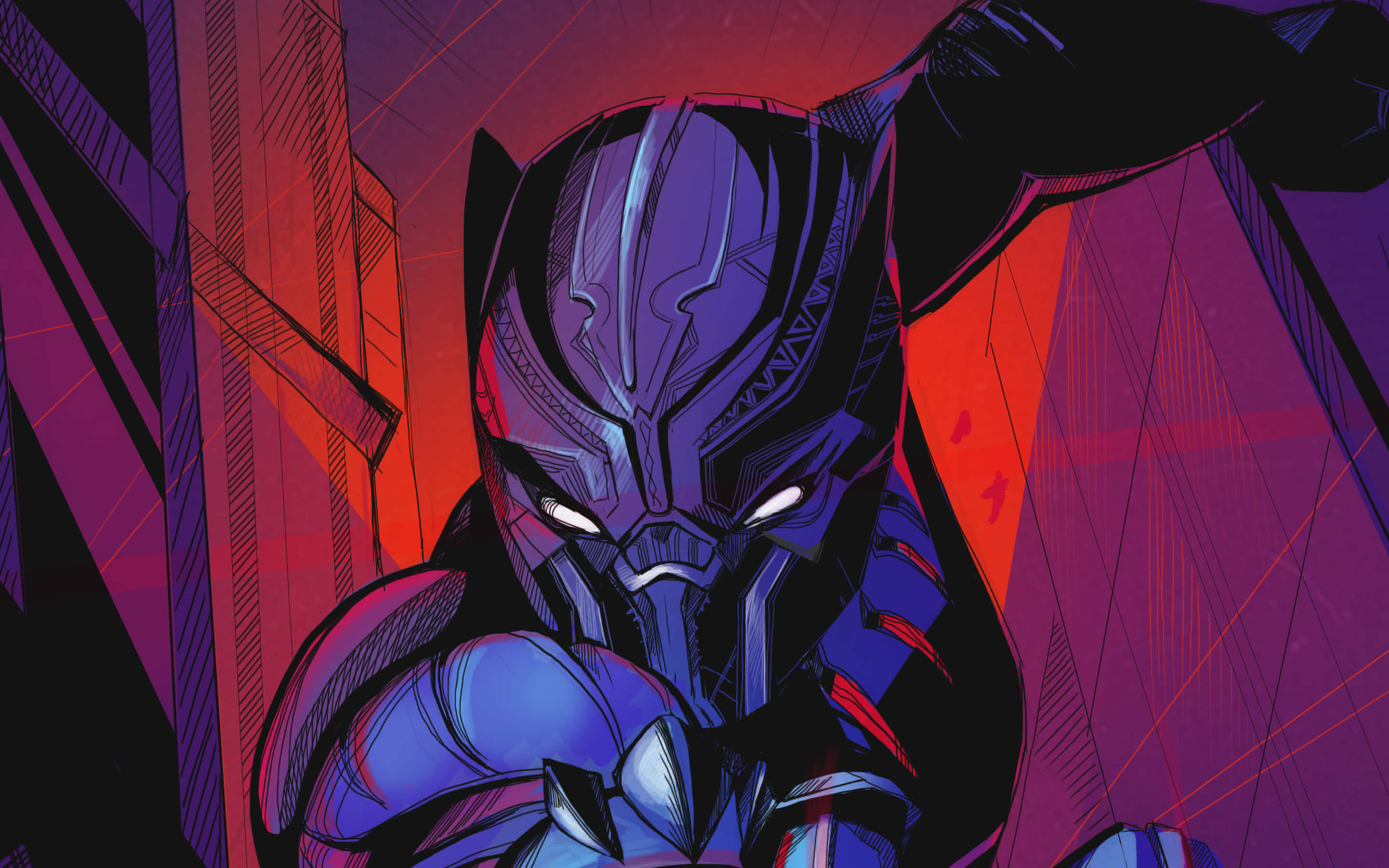 Black Panther, blue and purple armor, glowing eyes, 2K Desktop Wallpaper