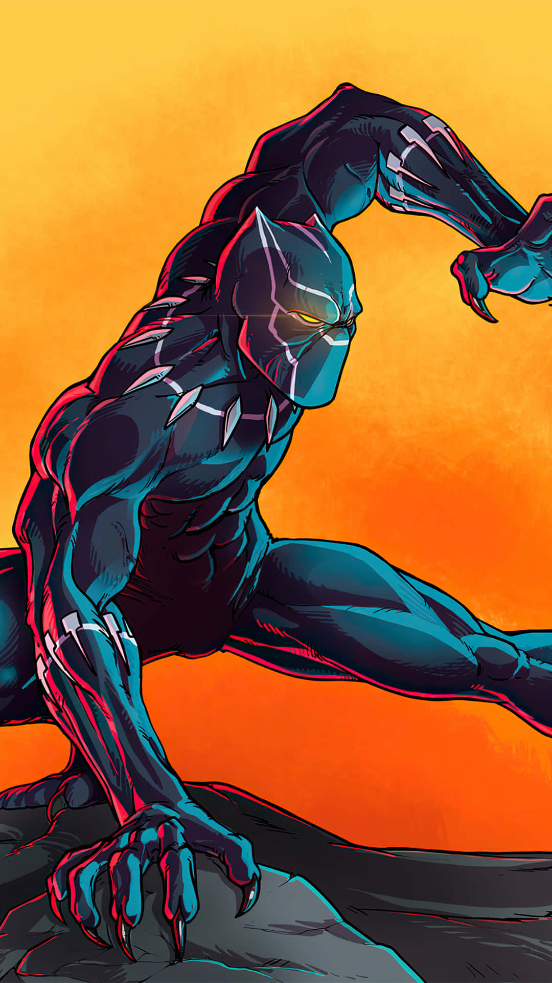 Black Panther, fiery orange gradient background, glowing yellow eyes, Full HD Phone Wallpaper