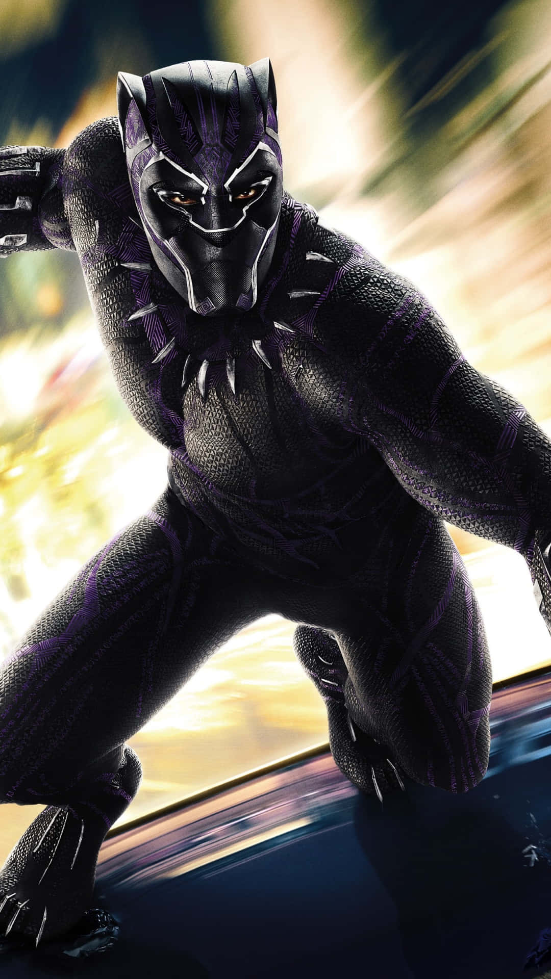 Black Panther, sleek black and purple suit, blurred golden background, Full HD Phone Wallpaper