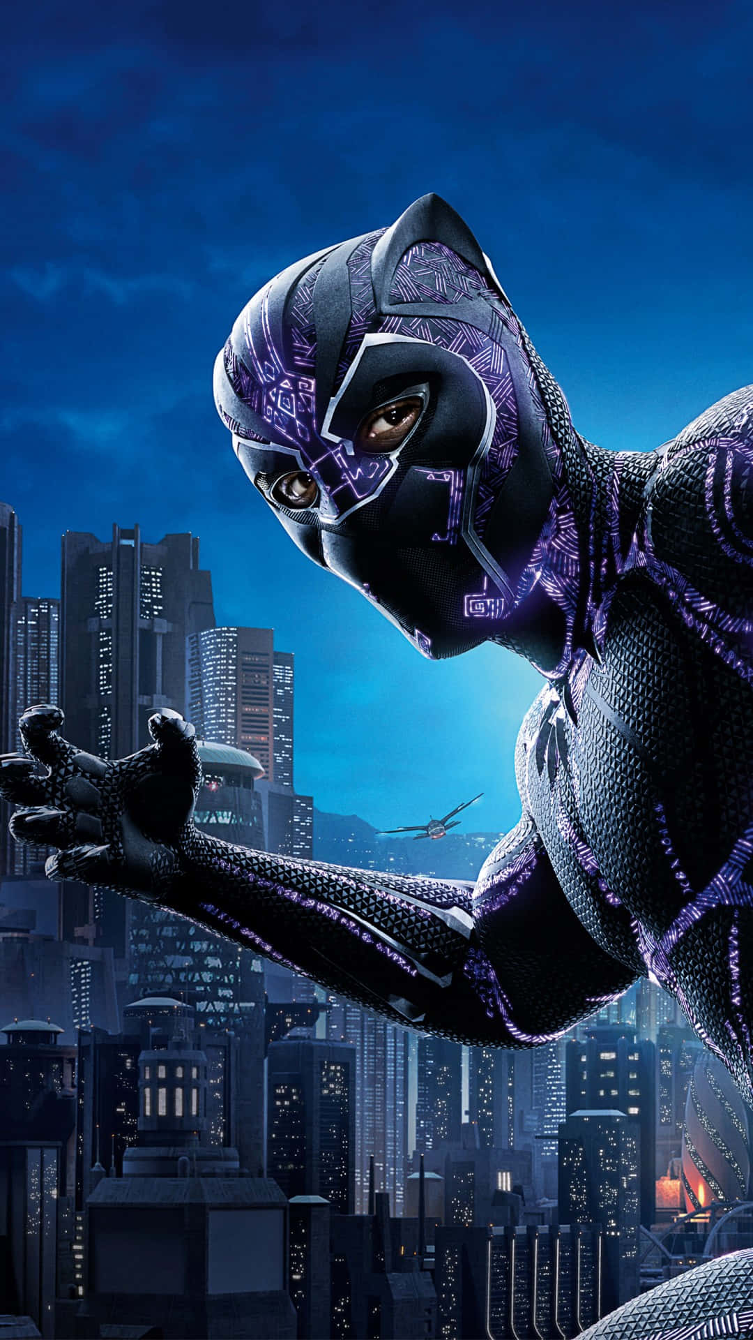 Black Panther, signature suit, glowing cityscape, Full HD Phone Wallpaper