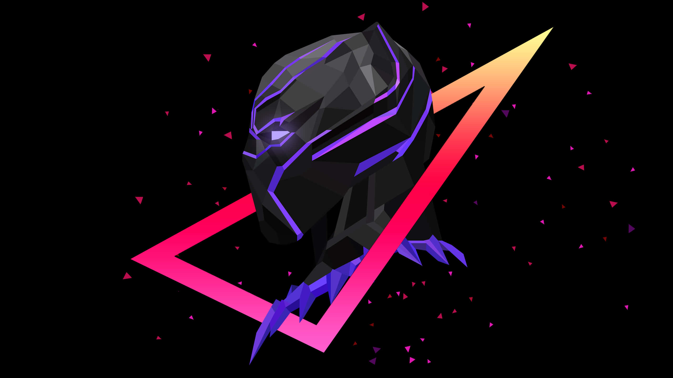 Black Panther, low-poly Black Panther helmet, purple lines, 2K Desktop Wallpaper
