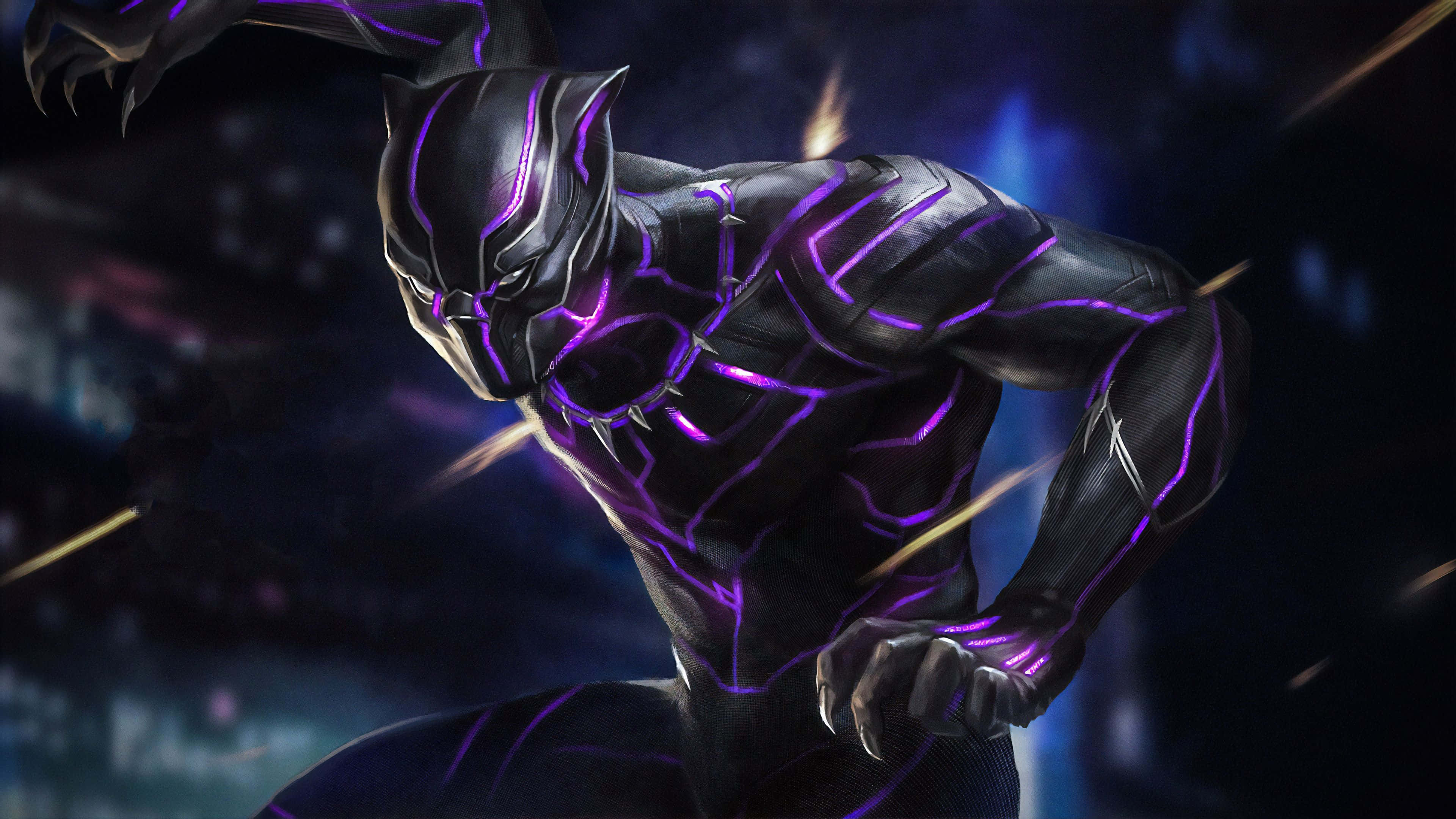 Black Panther, sleek black suit, glowing purple lines, 4K Desktop Wallpaper