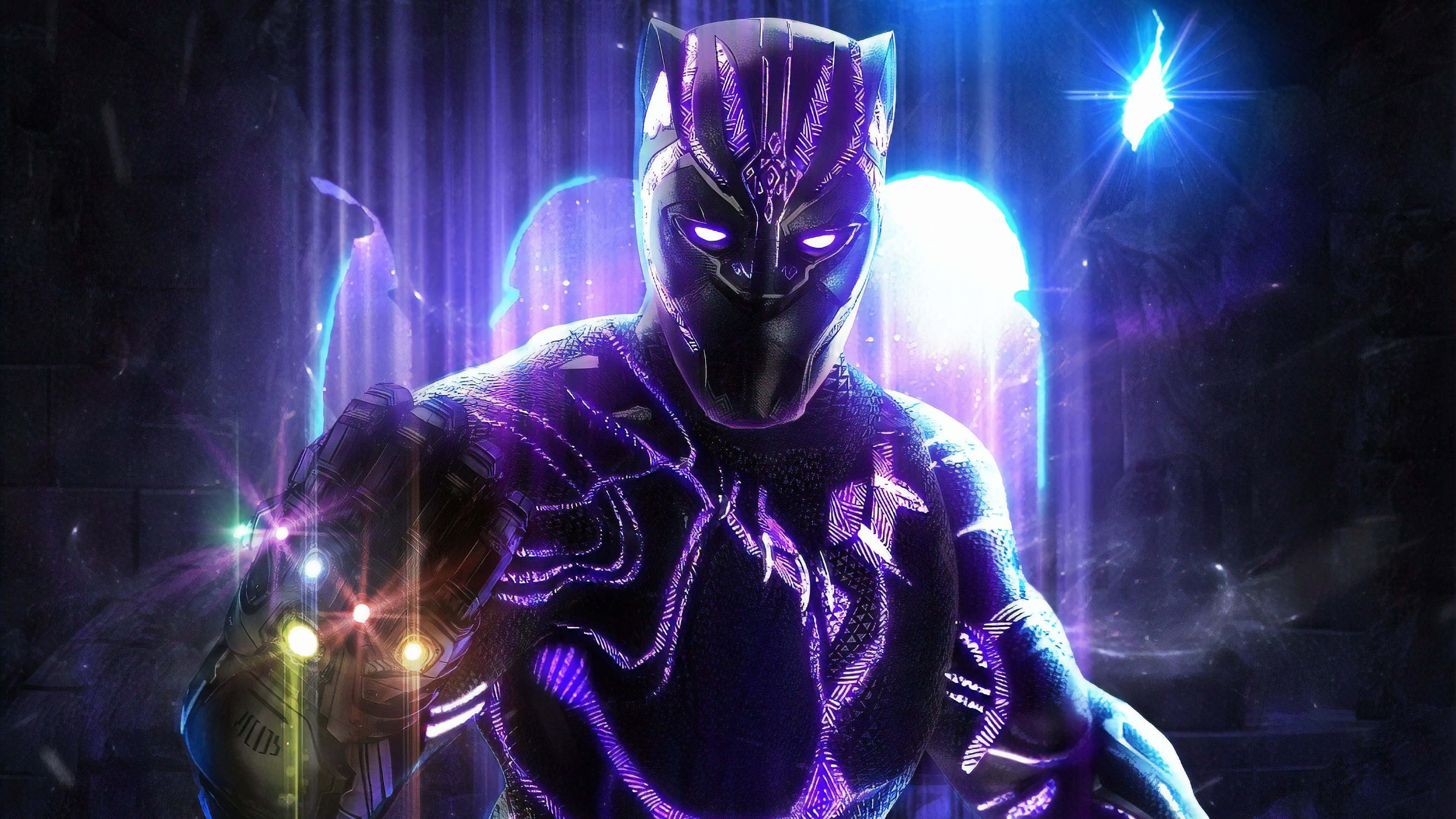 Black Panther, purple and blue energy beams, light flares, 4K Desktop Wallpaper