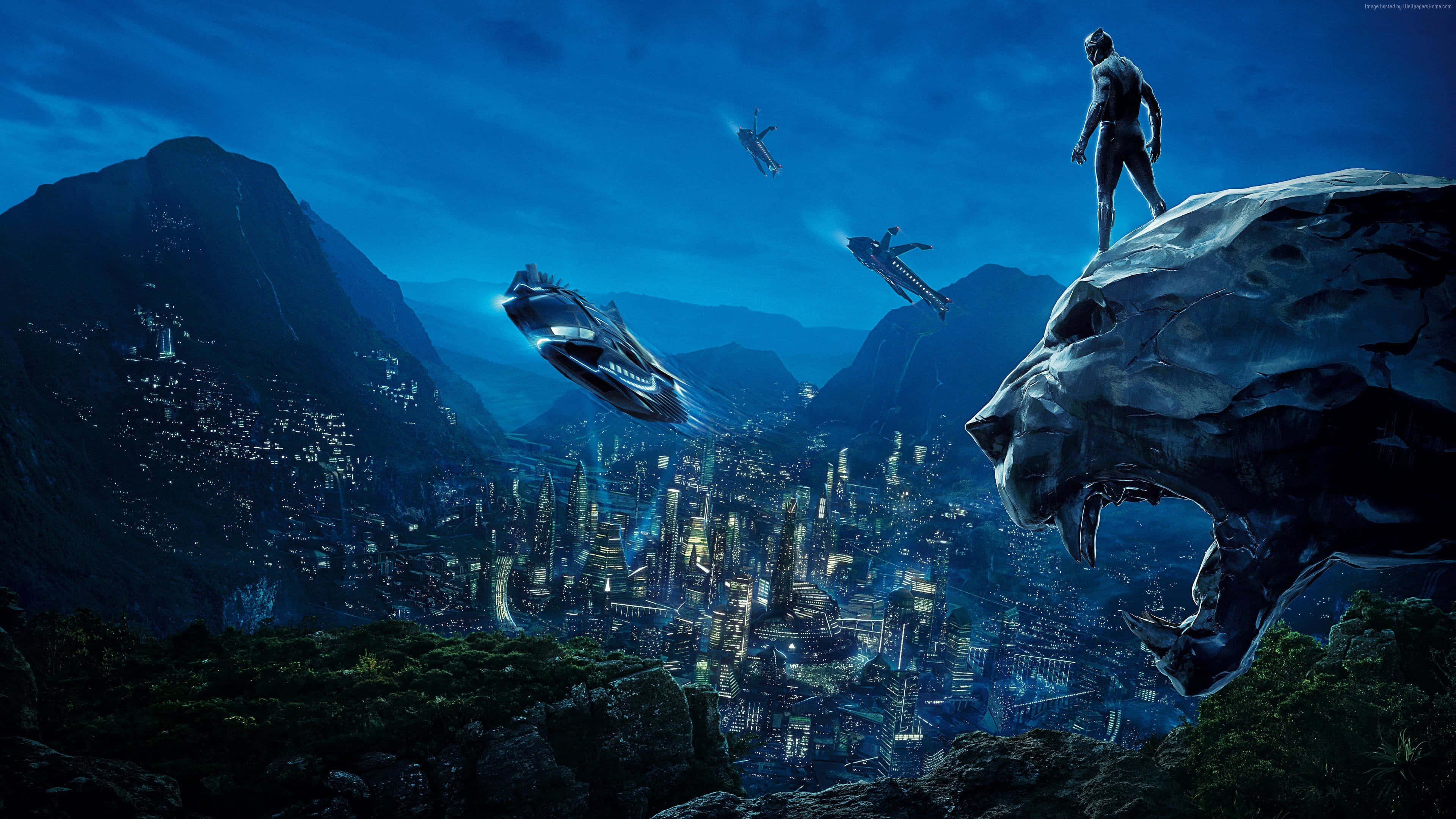 Black Panther Landscape, giant panther head, glowing futuristic city, 4K Desktop Wallpaper