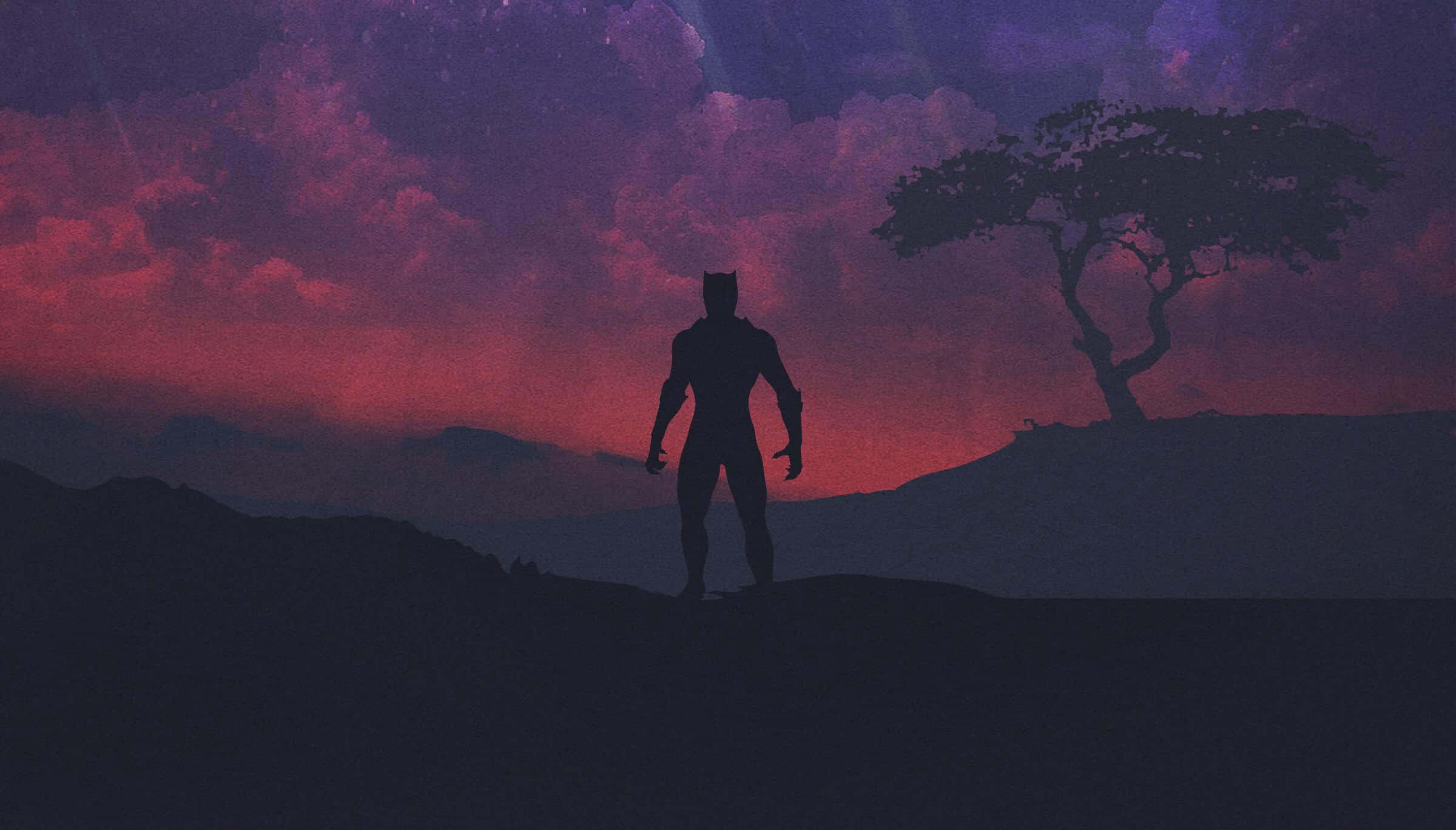 Black Panther, vibrant purple and red sunset sky, hill, Full HD Desktop Wallpaper