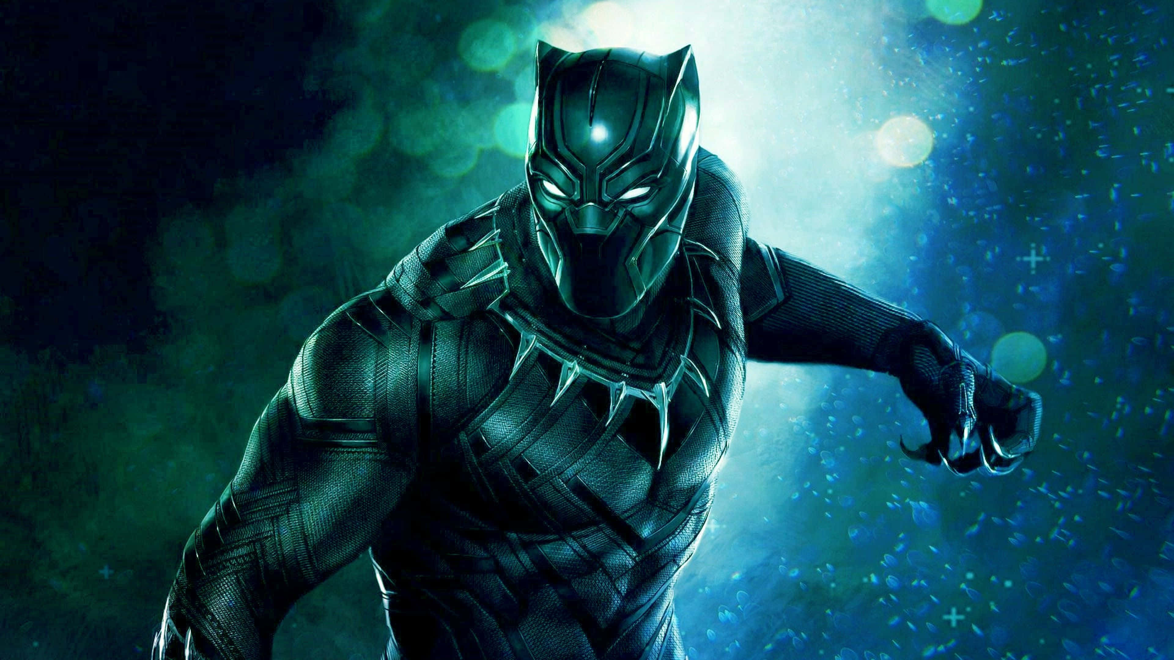 Black Panther, sleek black suit, glowing blue and green bokeh background, 4K Desktop Wallpaper