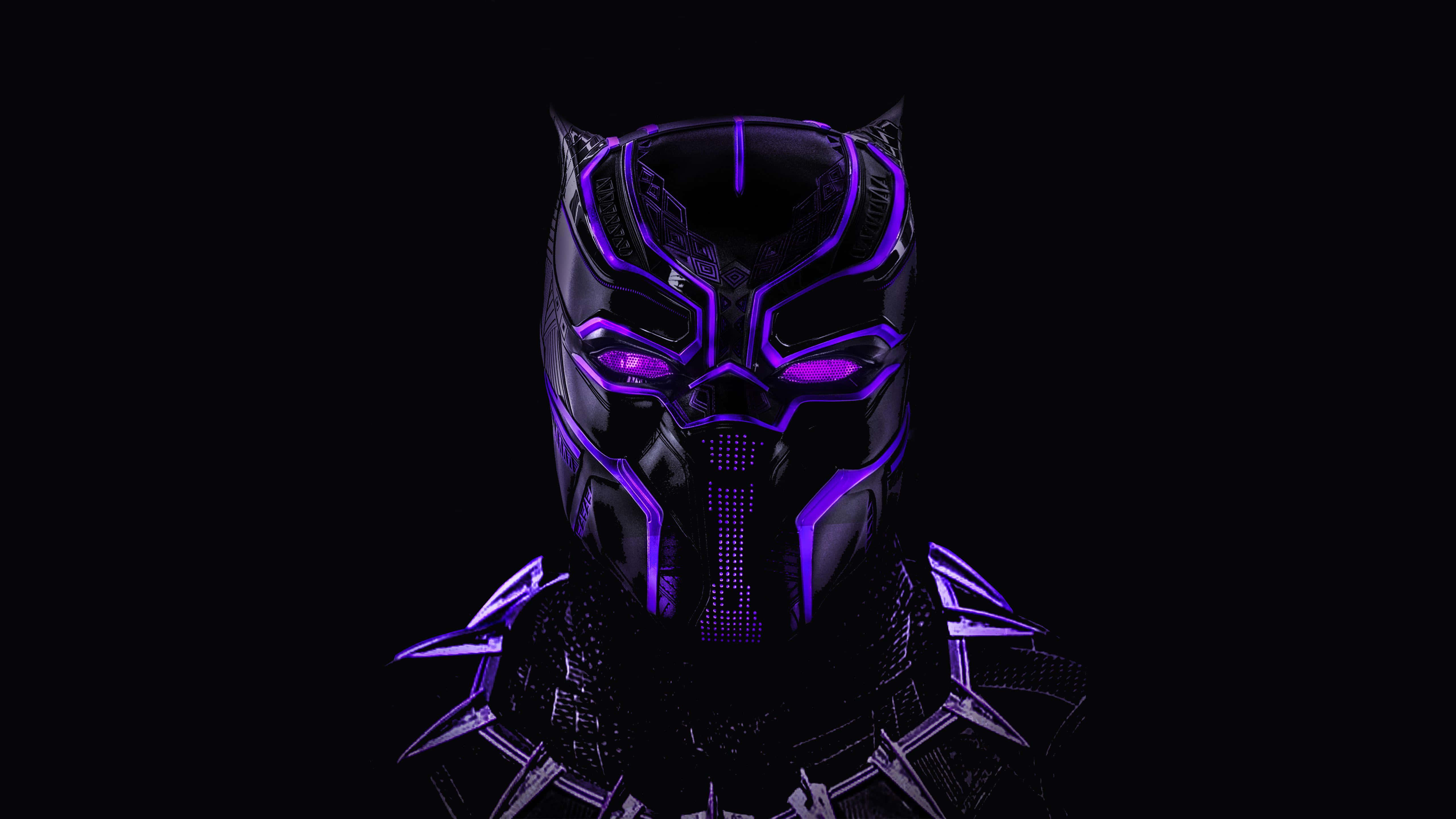 Black Panther, glowing purple armored mask, pure black background, 5K Desktop Wallpaper