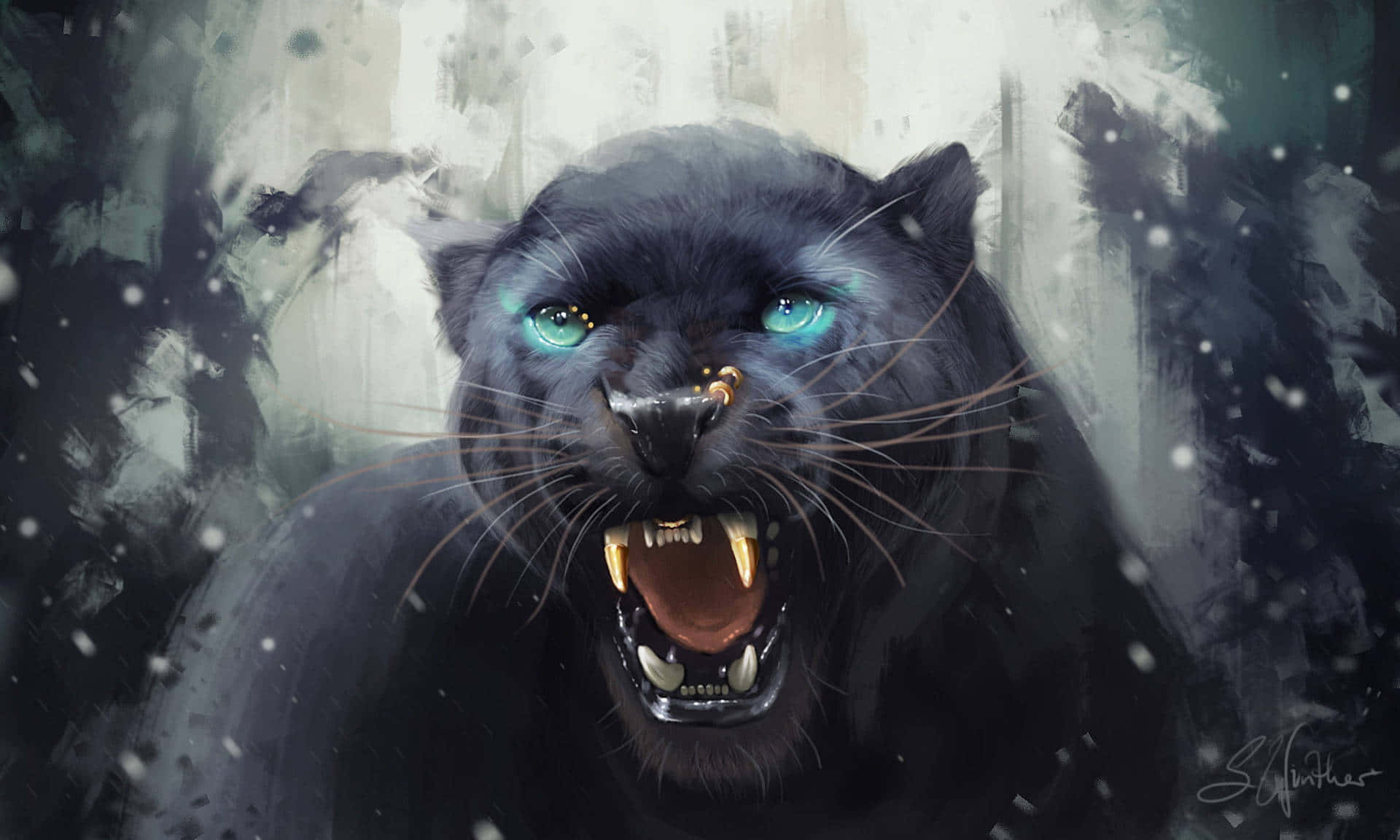 Black Panther, glowing cyan eyes, falling snow, Full HD Desktop Wallpaper