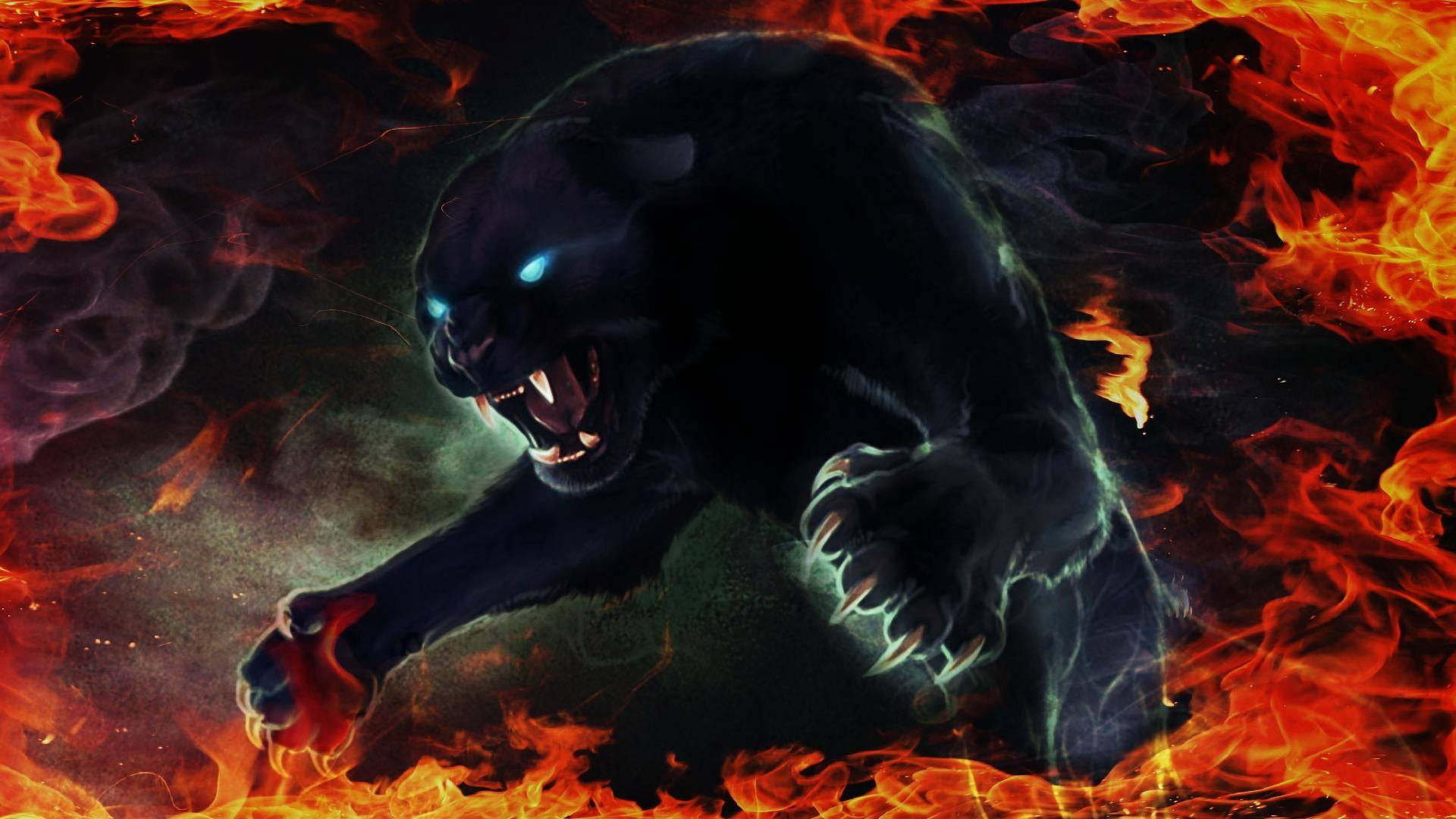 Black Panther, glowing blue eyes, swirling flames, Full HD Desktop Wallpaper