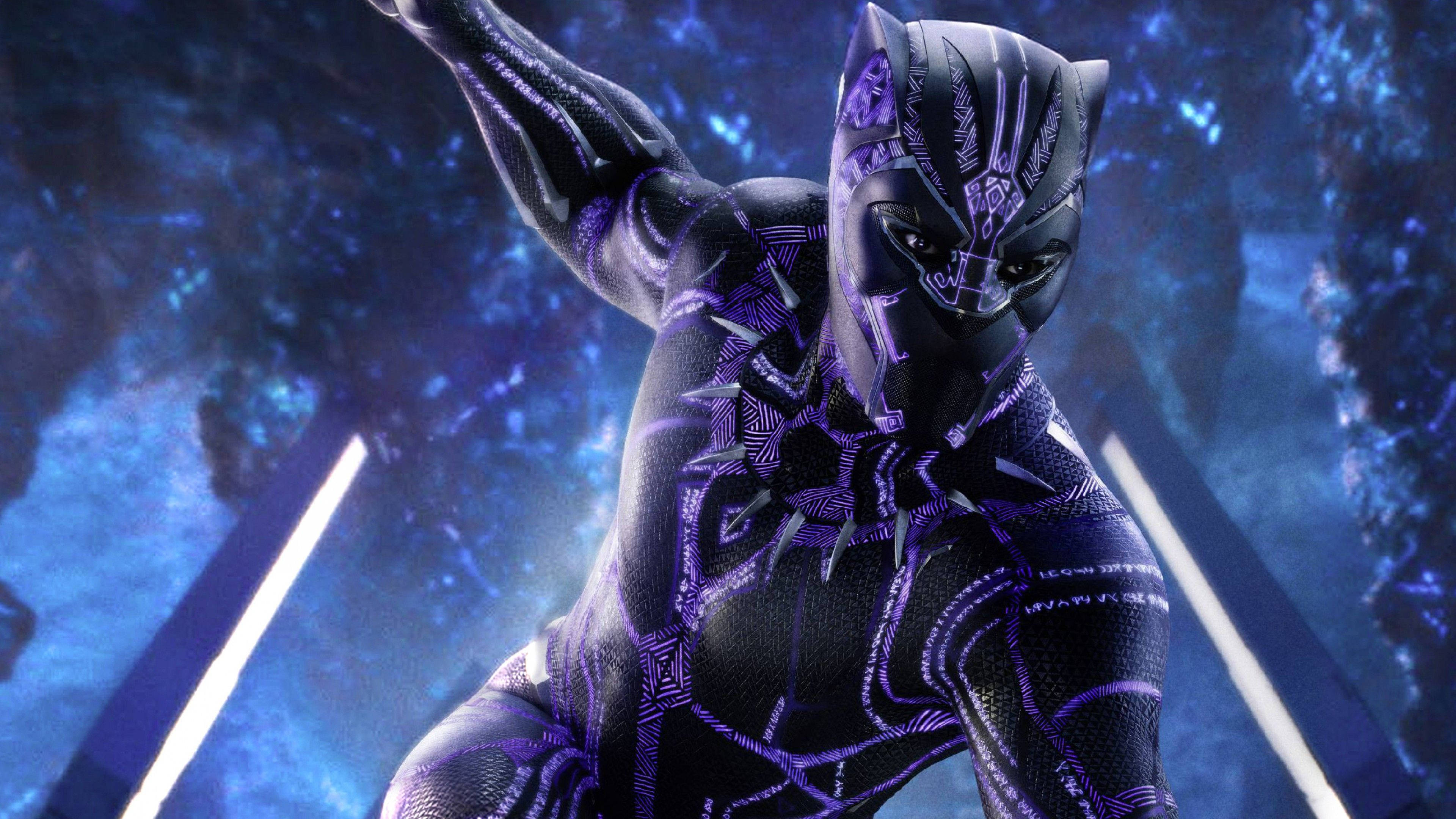 Black Panther, sleek black and purple suit, glowing blue cosmic background, 4K Desktop Wallpaper