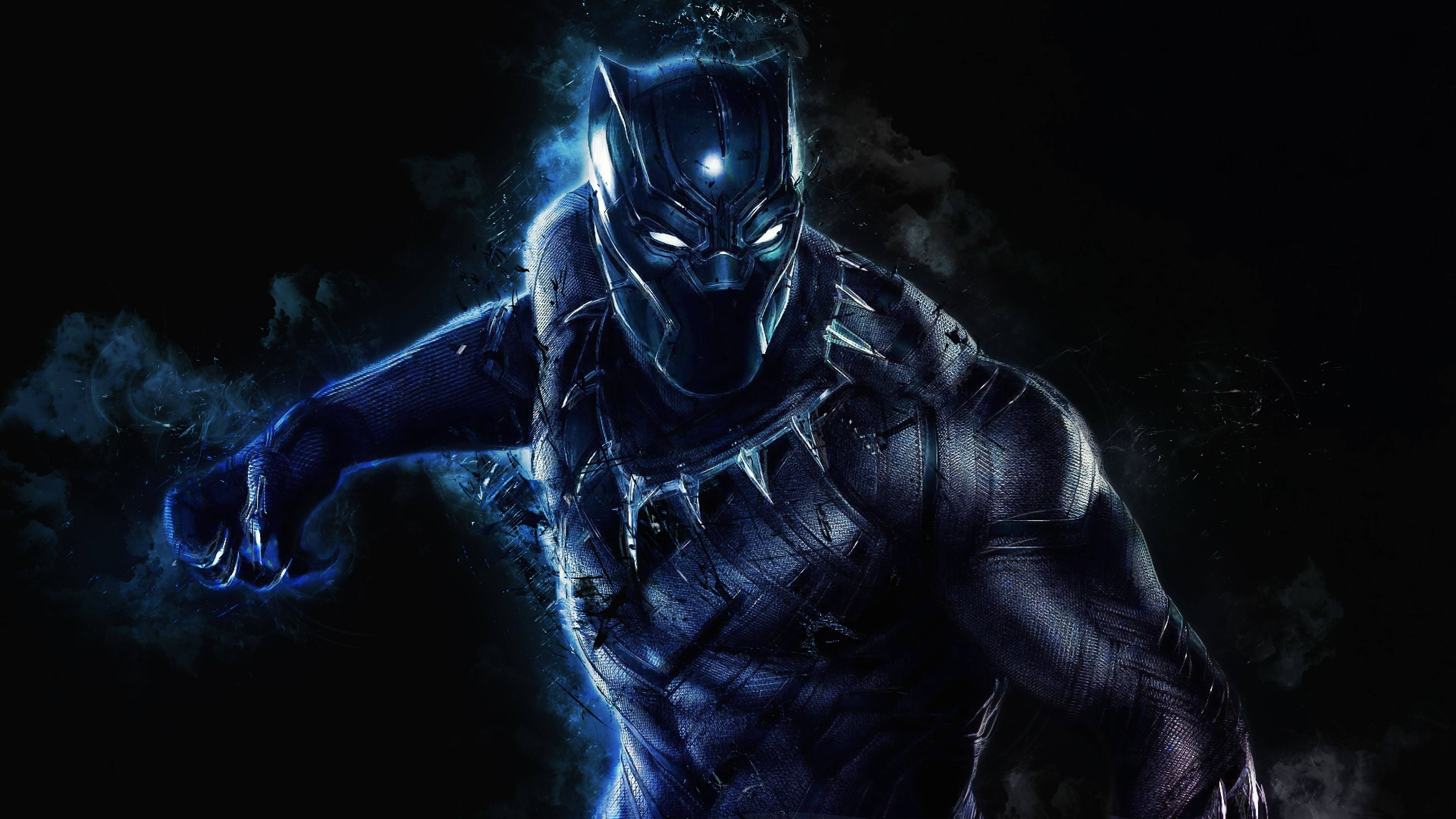Black Panther, glowing blue energy, suit, 8K Desktop Wallpaper
