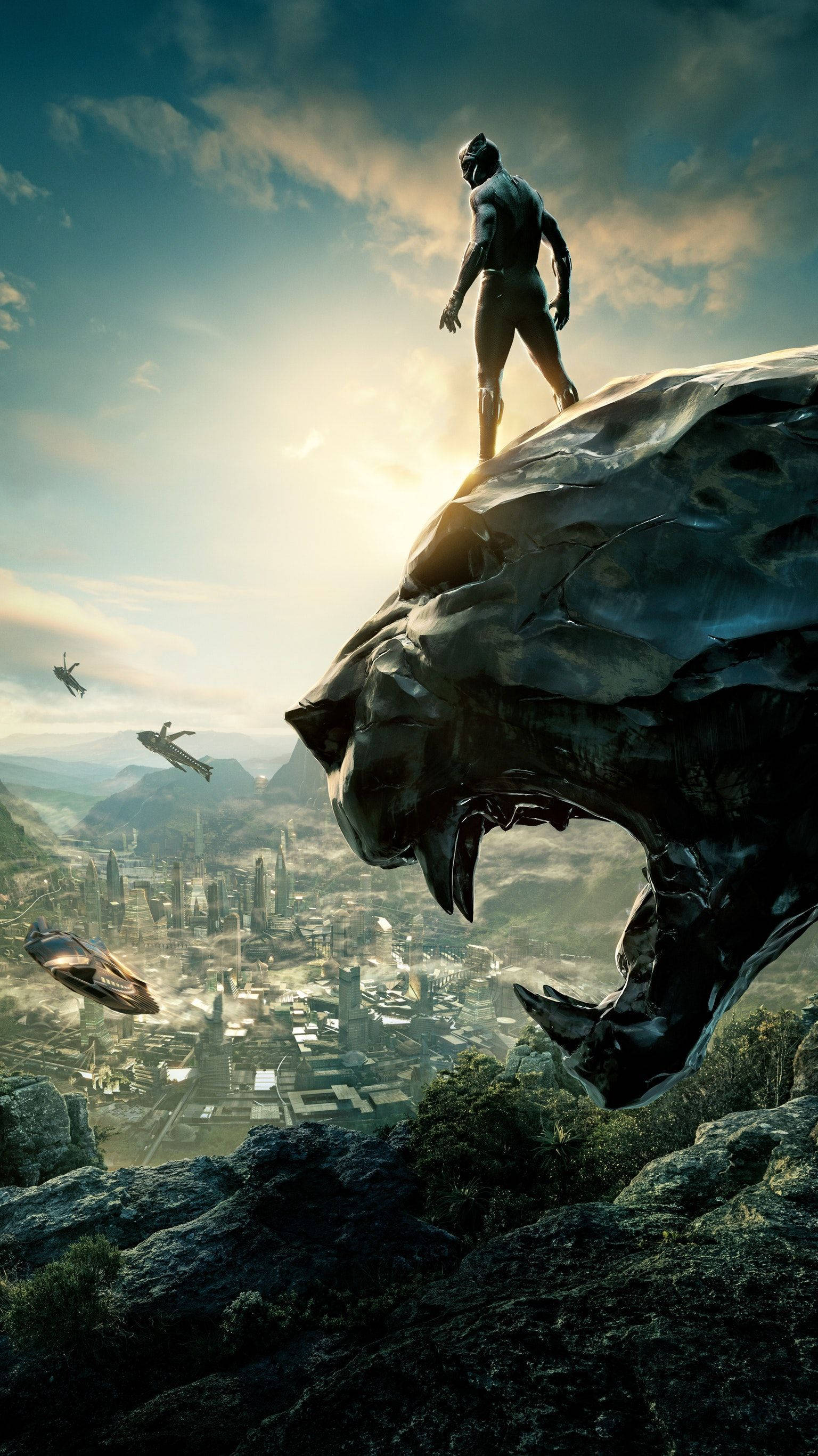 Black Panther, giant panther head, futuristic city, 2K Phone Wallpaper