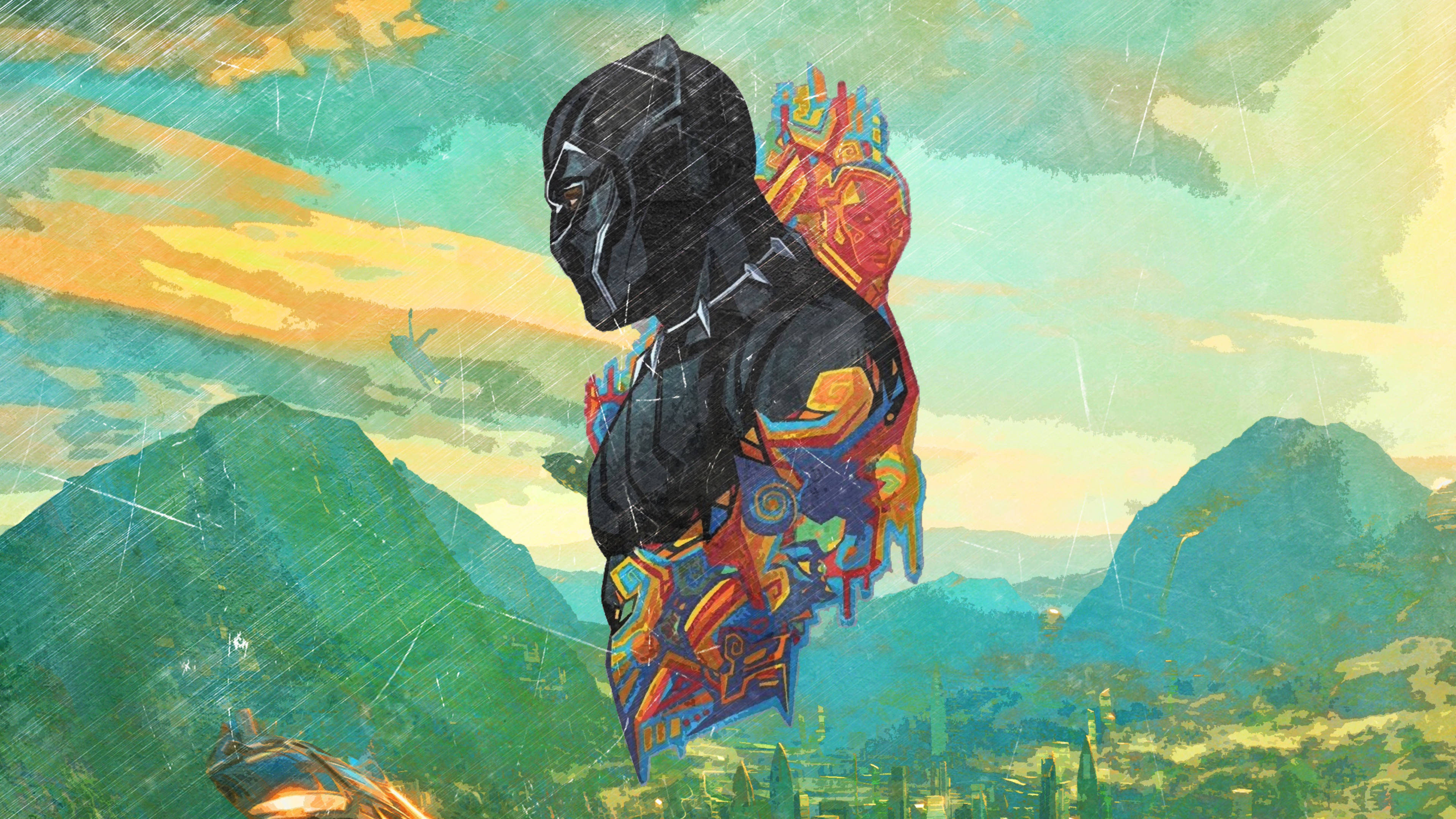 Black Panther, vibrant mountainous landscape, streaked sky, 4K Desktop Wallpaper