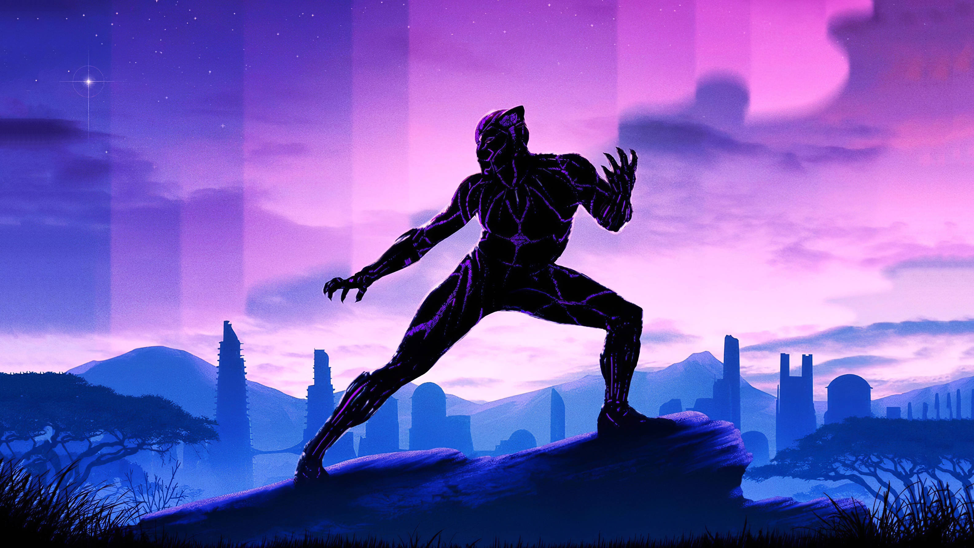 Black Panther, twilight sky, vibrant purple, 2K Desktop Wallpaper