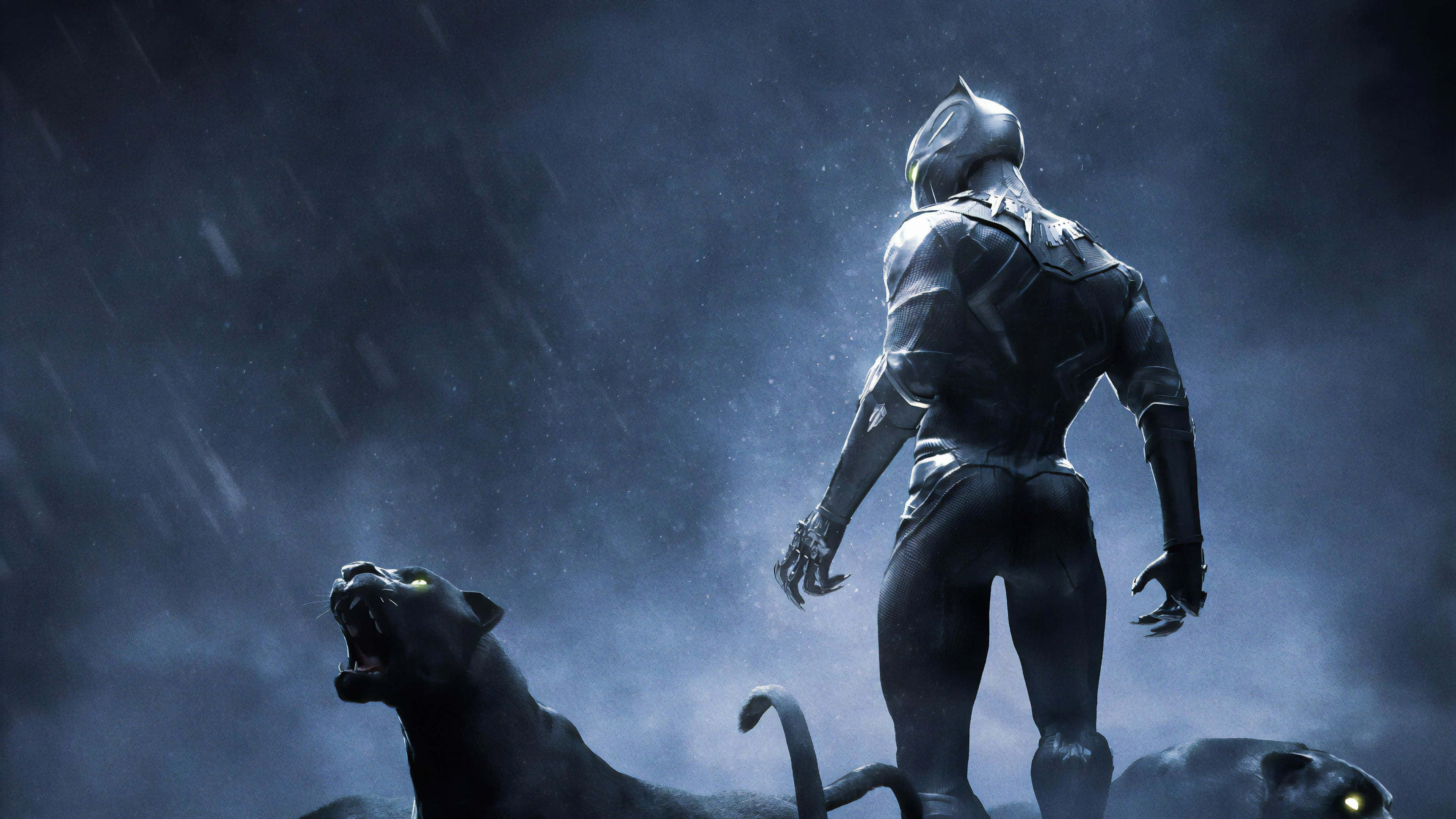 Black Panther, stormy rain, glowing eyes, 4K Desktop Wallpaper