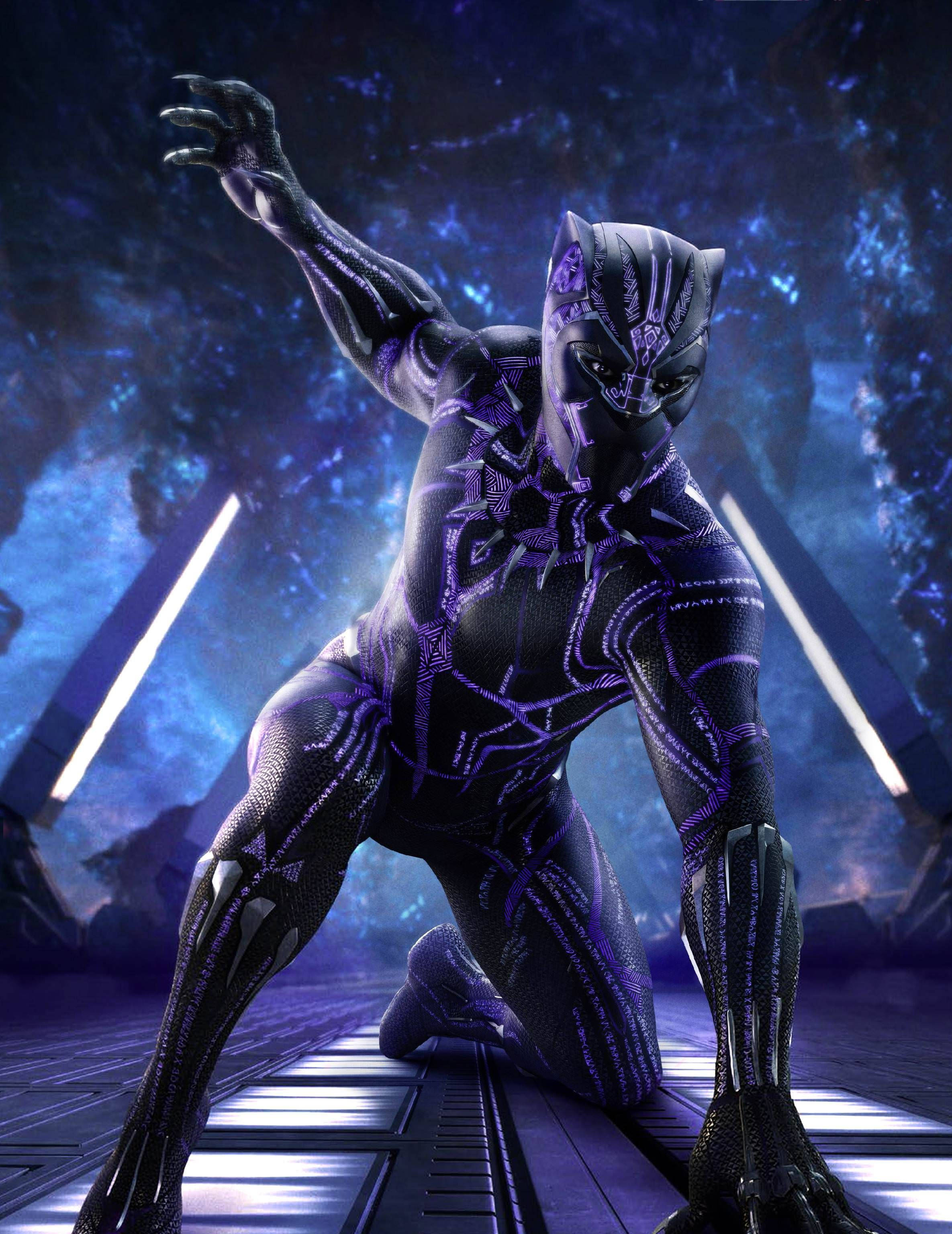 Black Panther, sleek black and purple suit, glowing blue floor, 2K Phone Wallpaper