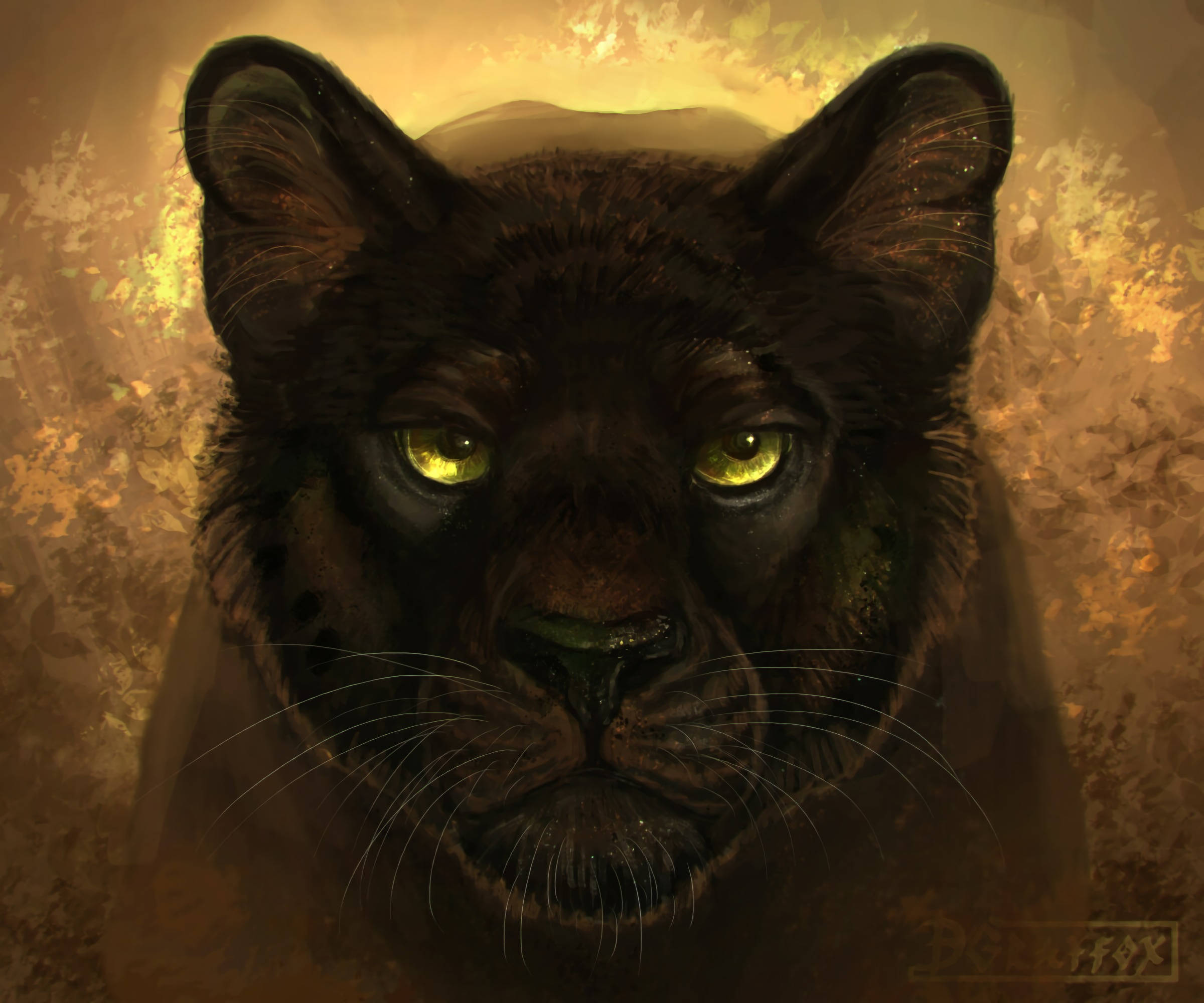Black Panther, glowing green eyes, warm golden textured background, Full HD Desktop Wallpaper