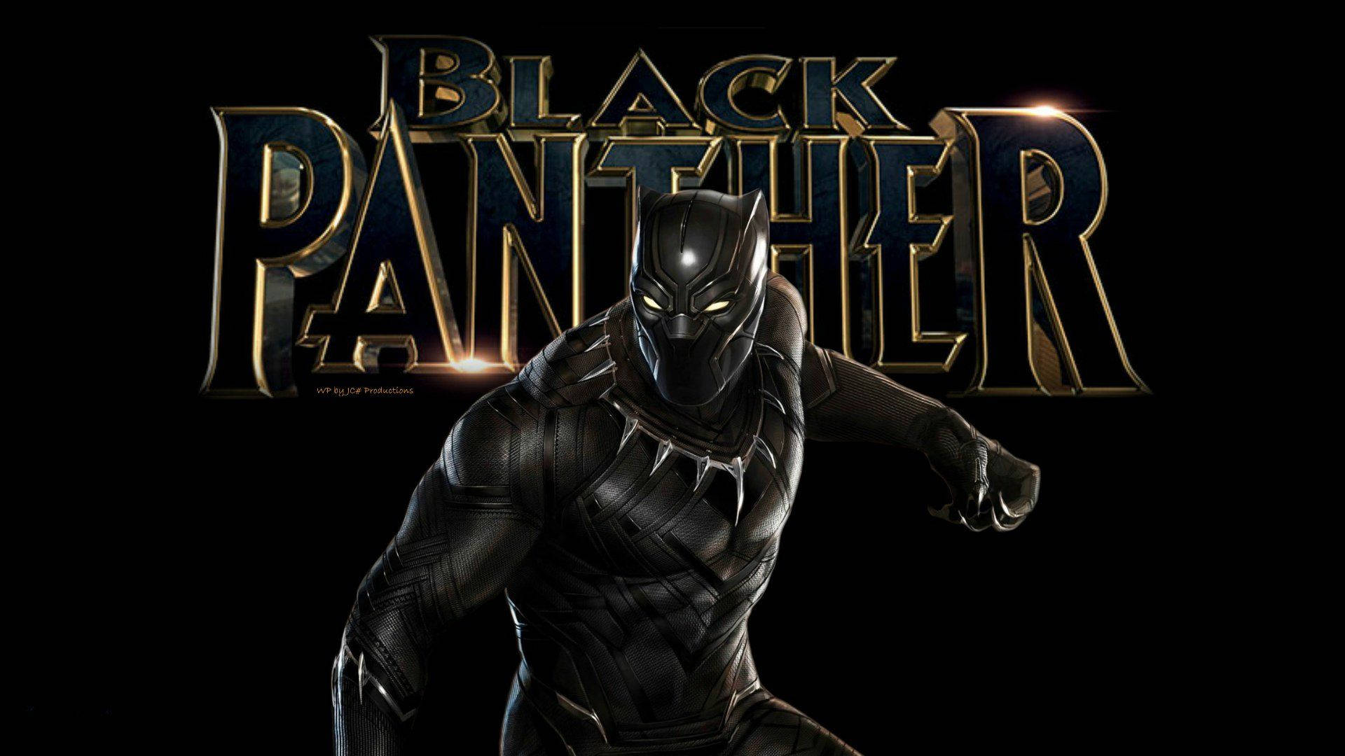 Black Panther, sleek black suit, glowing gold title, Full HD Desktop Wallpaper