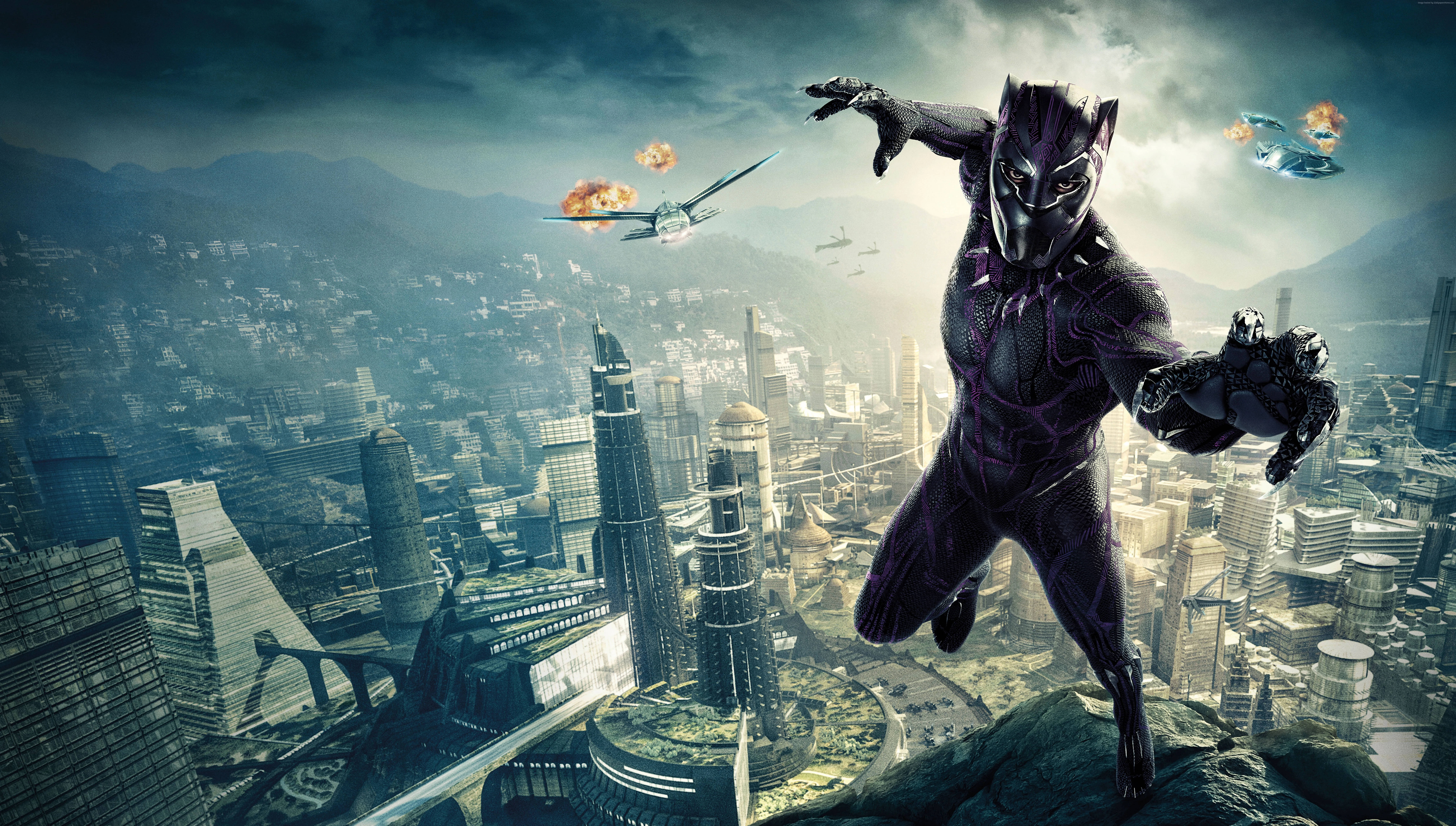 Black Panther, futuristic cityscape, explosions, 8K Desktop Wallpaper