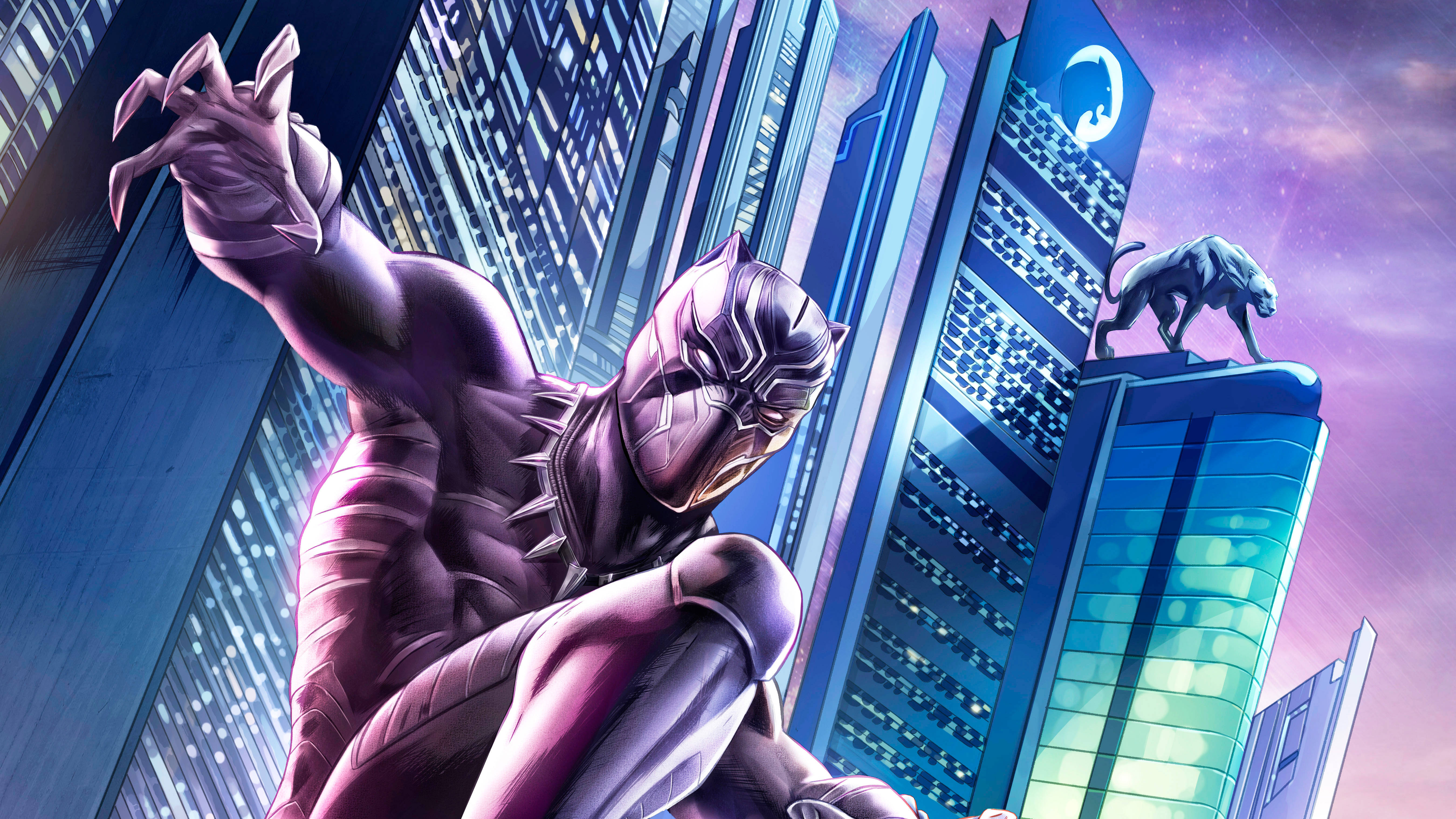 Black Panther, neon-lit cityscape, purple twilight sky, 5K Desktop Wallpaper