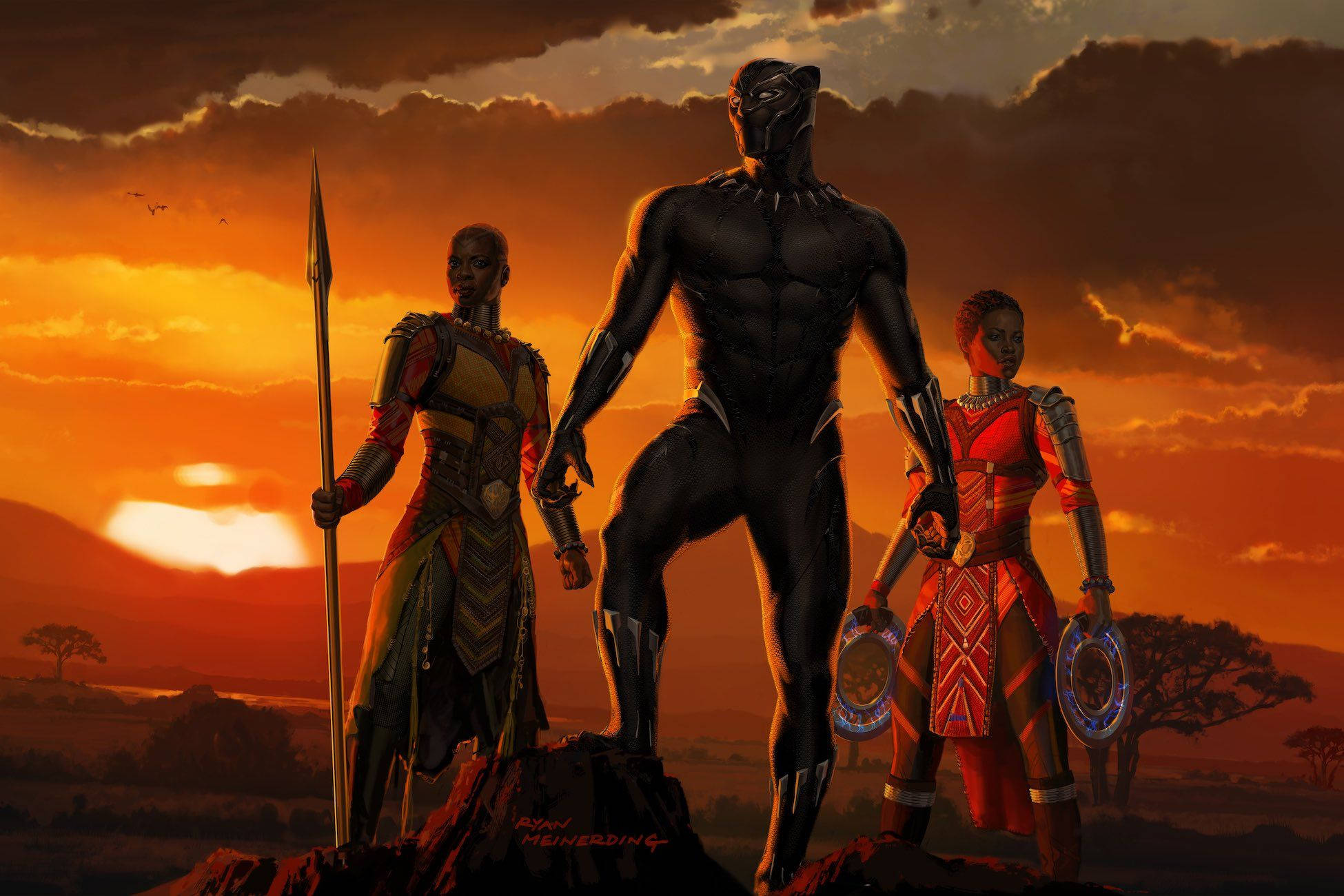 Black Panther, fiery sunset sky, rocky outcrop, Full HD Desktop Wallpaper