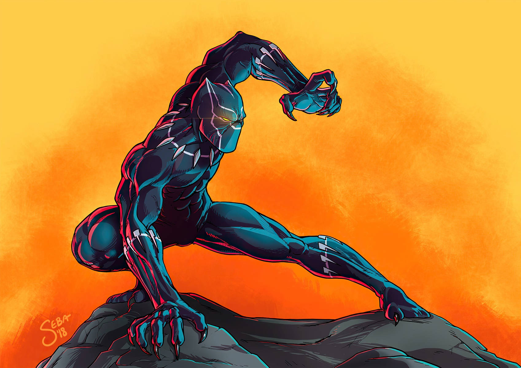 Black Panther, rocky outcrop, fiery orange sunset sky, HD Desktop Wallpaper