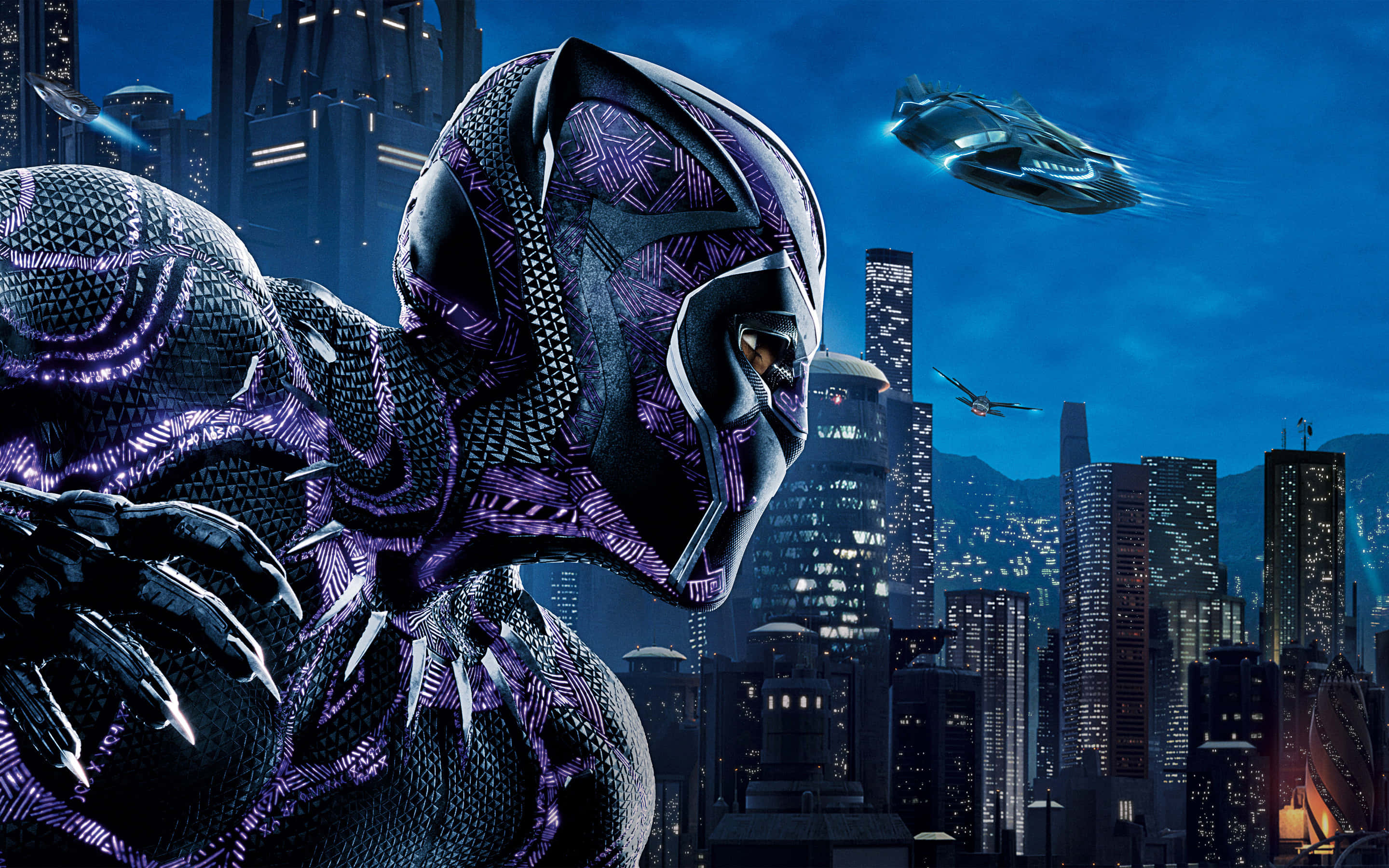 Black Panther, purple and black suit, futuristic city skyline, 2K Desktop Wallpaper