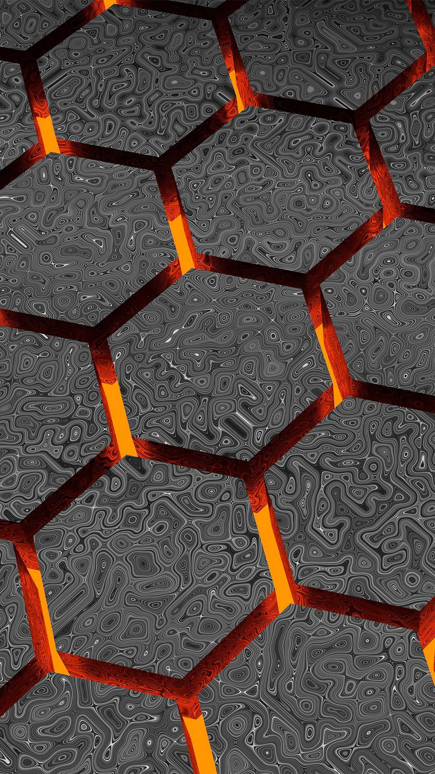 fiery honeycomb stone 3d black pattern, glowing orange hexagons, swirling gray textures, 2K Phone Wallpaper