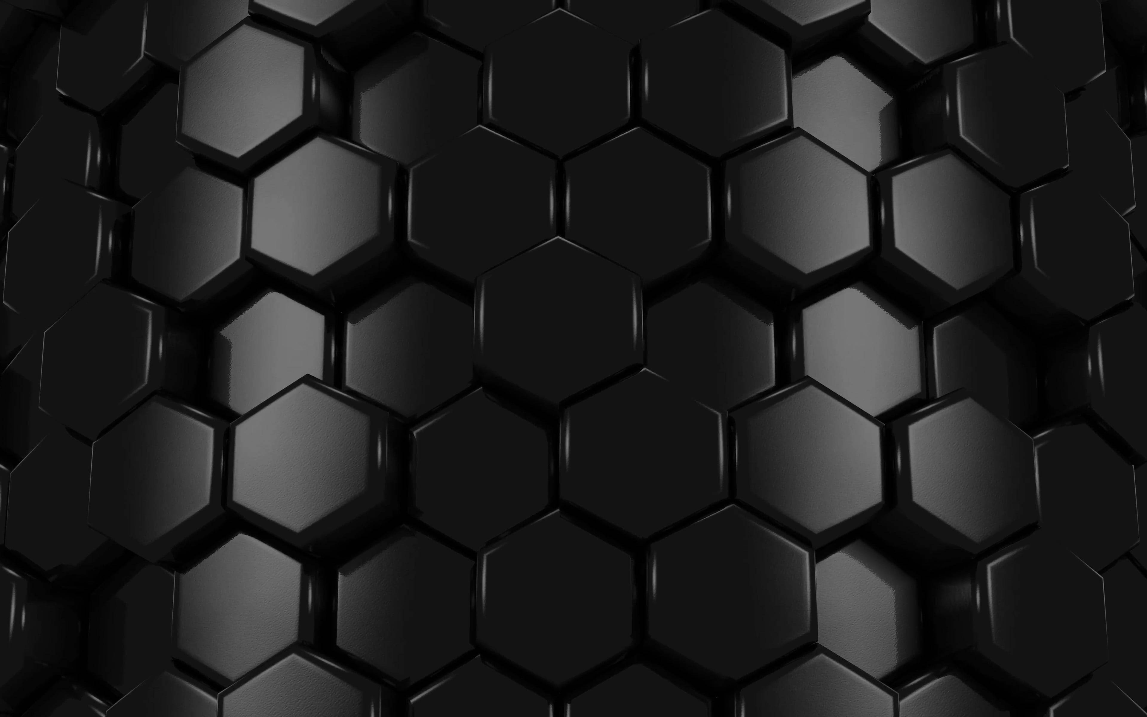 glossy black hexagonal tiles, repeating geometric pattern, soft lighting highlights, 4K Desktop Wallpaper
