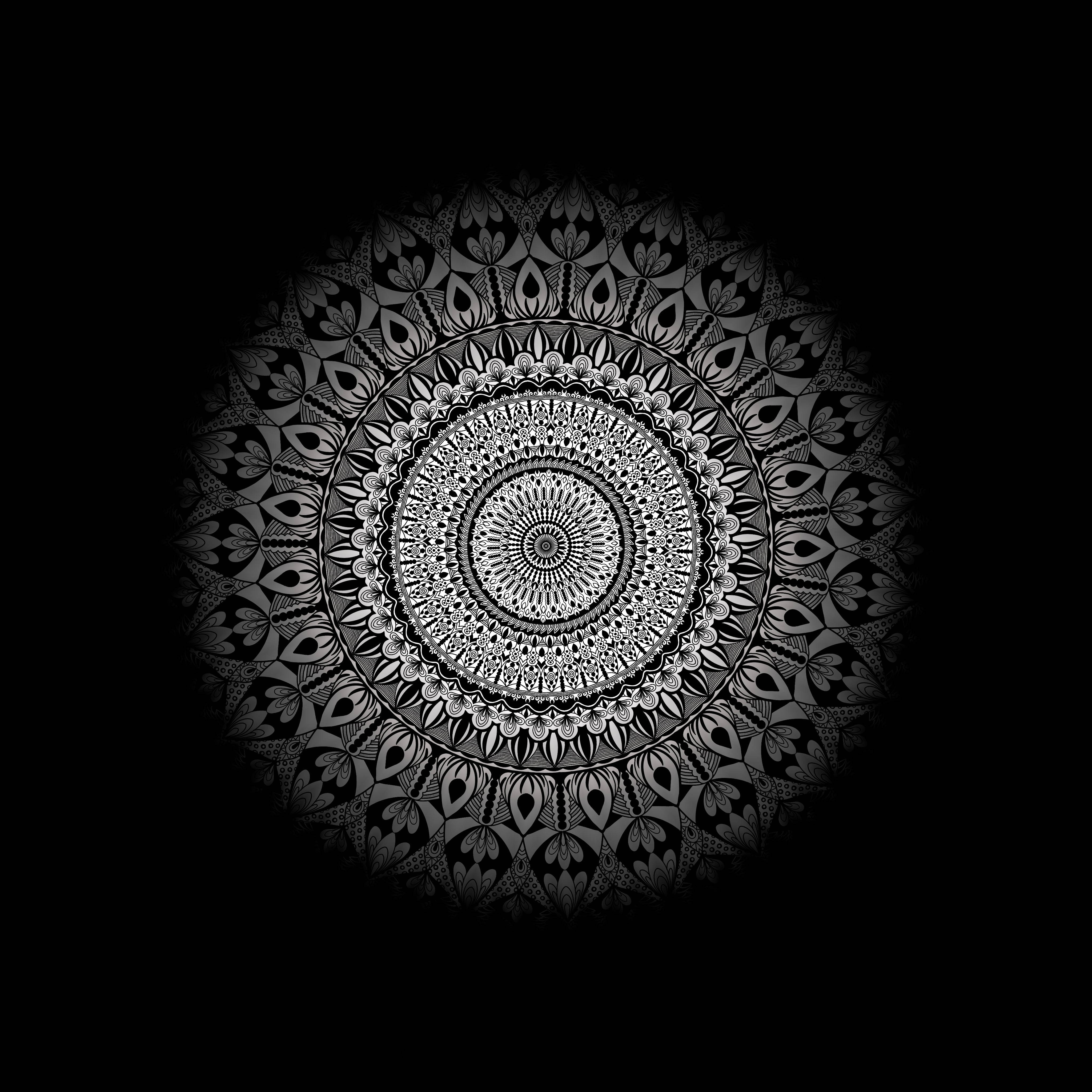 silver circle, tribal black pattern, mandala, 4K Desktop Wallpaper