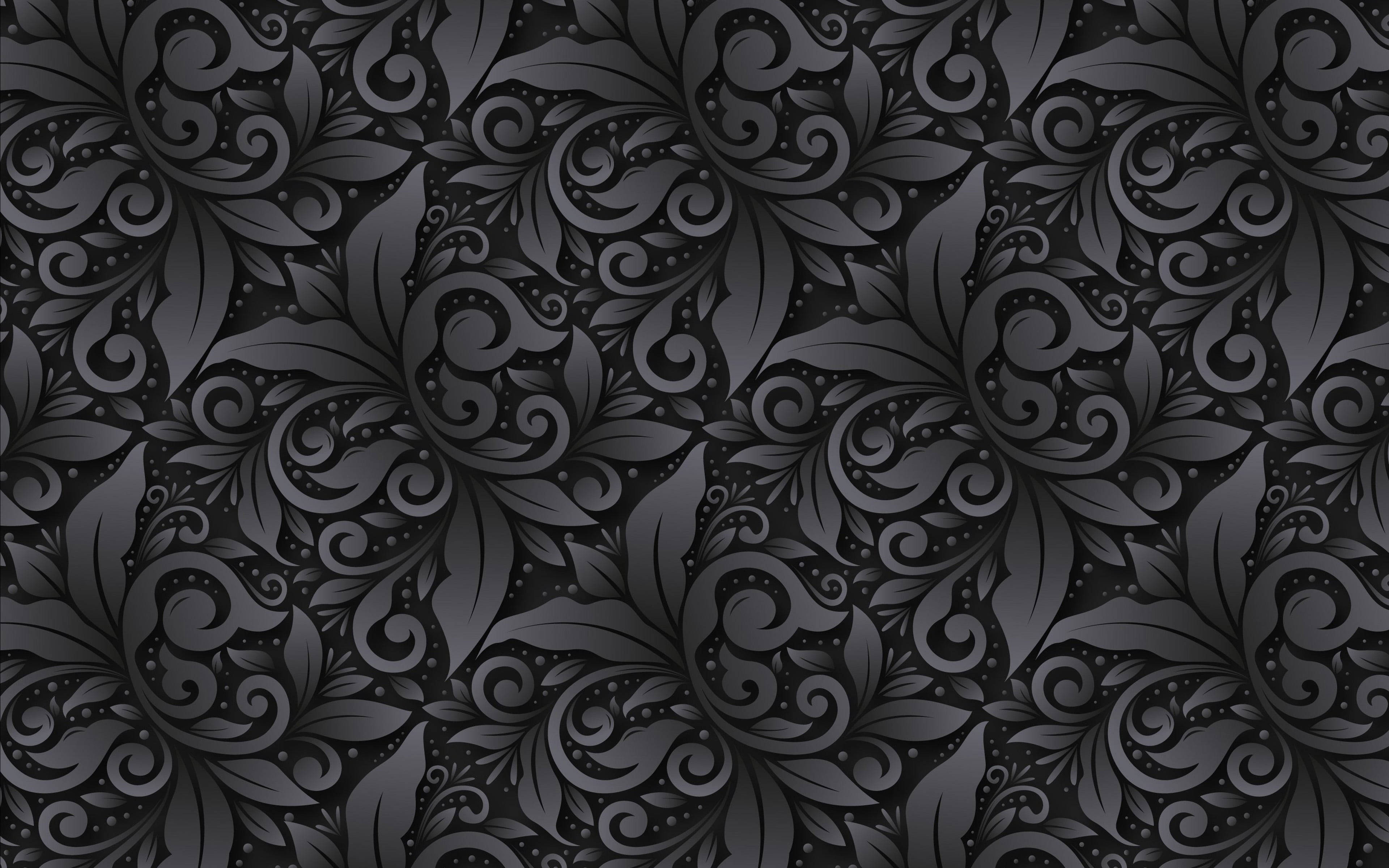 monochrome floral pattern, swirling leaves, dots, 4K Desktop Wallpaper