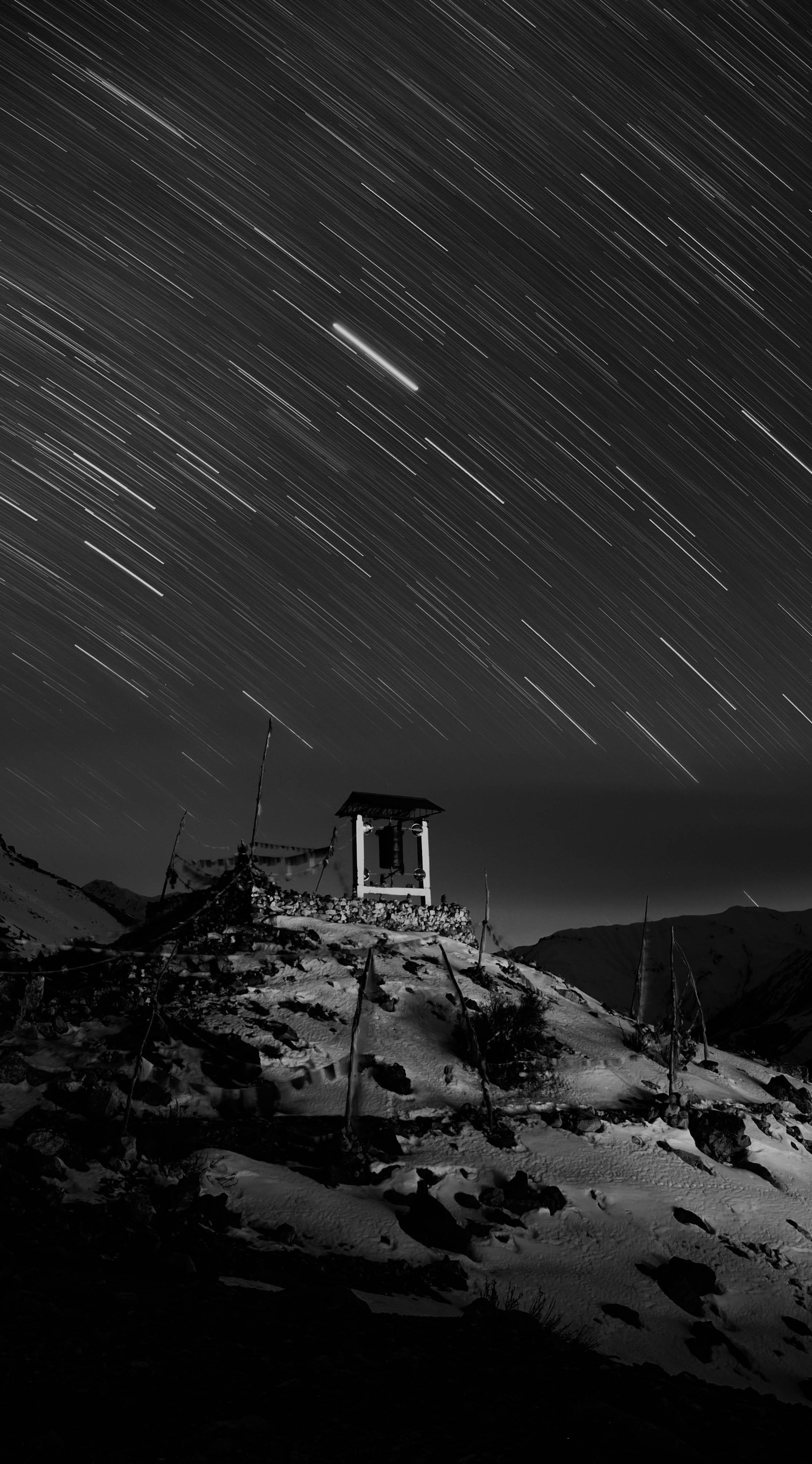 Black Phone, snowy mountain peak, star trails, 4K Phone Wallpaper