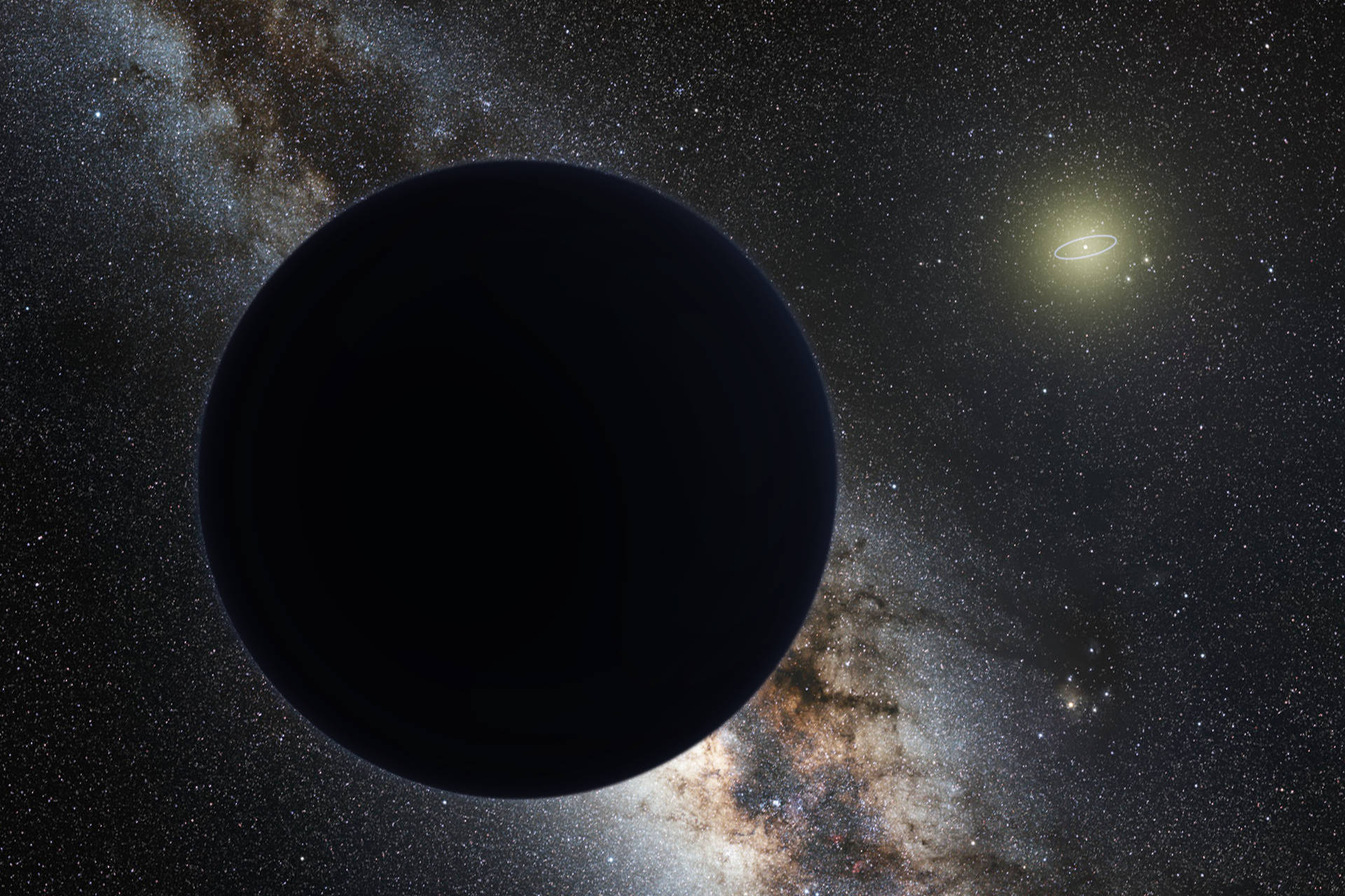 Black Planet, starry galaxy backdrop, glowing ringed star, Full HD Desktop Wallpaper
