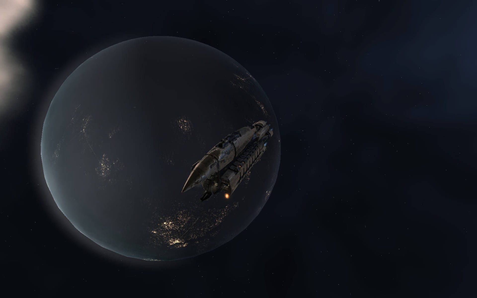 Black Planet, spaceship, glowing city lights, Full HD Desktop Wallpaper