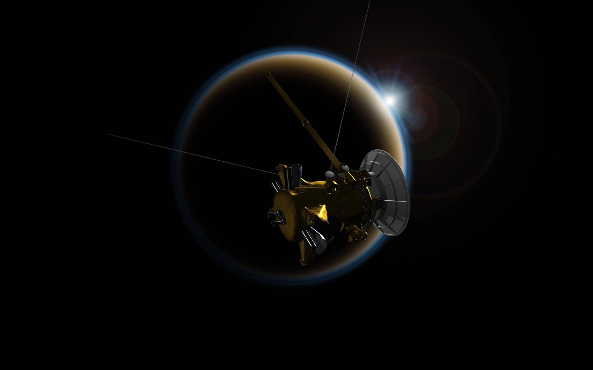 satellite, black planet, golden spacecraft, Full HD Desktop Wallpaper