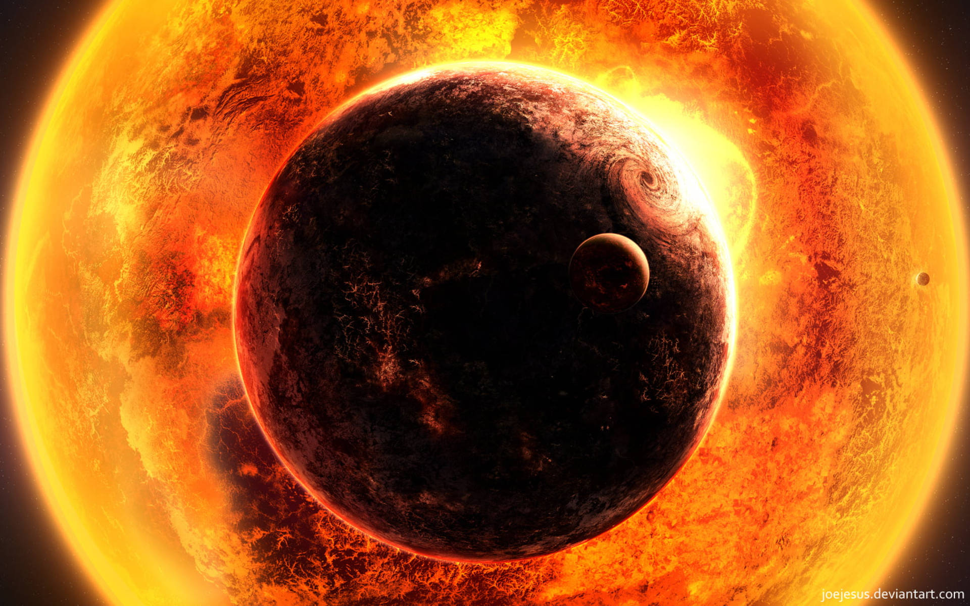 Black Planet, sun, swirling storms, Full HD Desktop Wallpaper