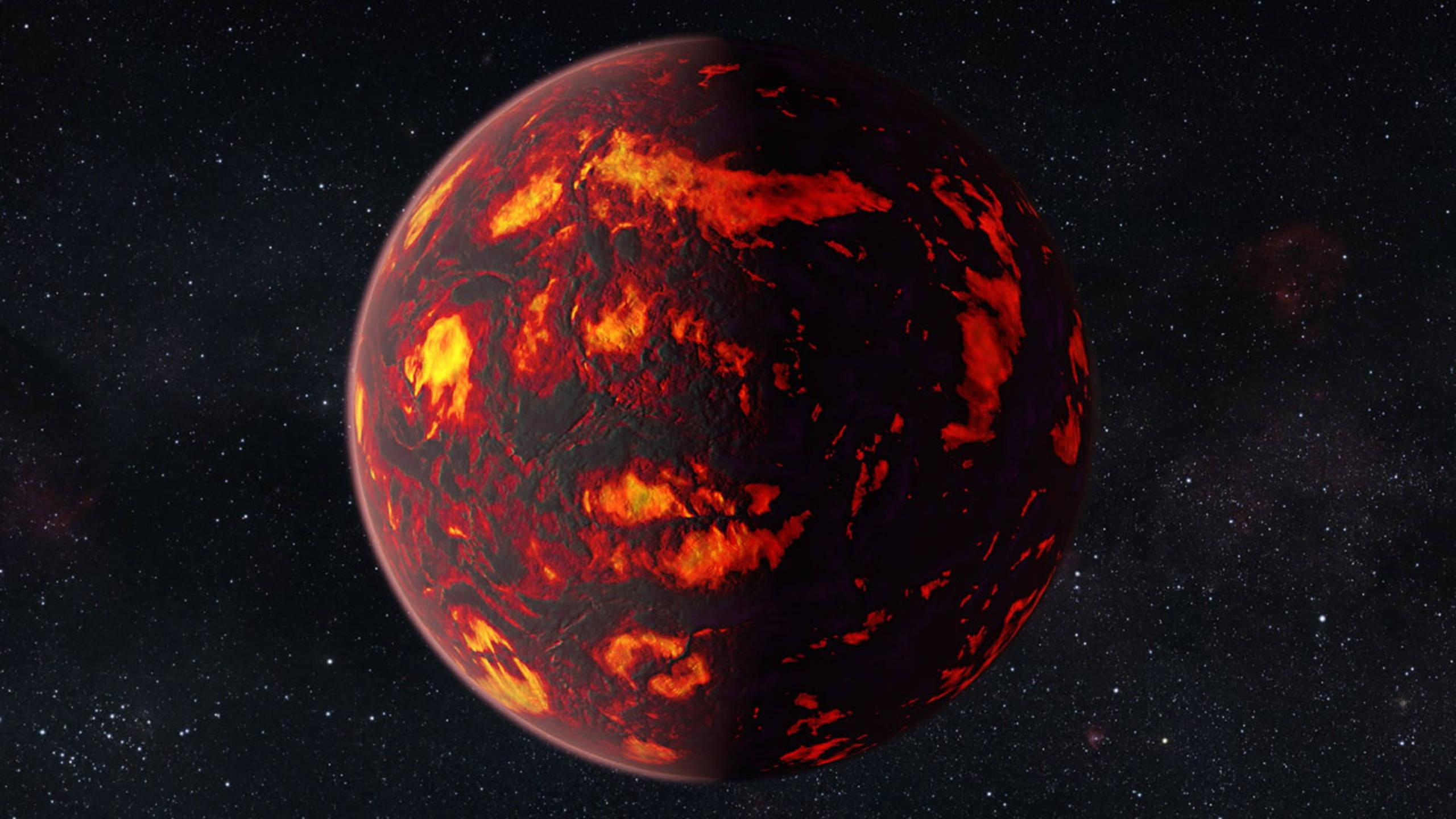 Black Planet, lava, glowing orange lava flows, 2K Desktop Wallpaper
