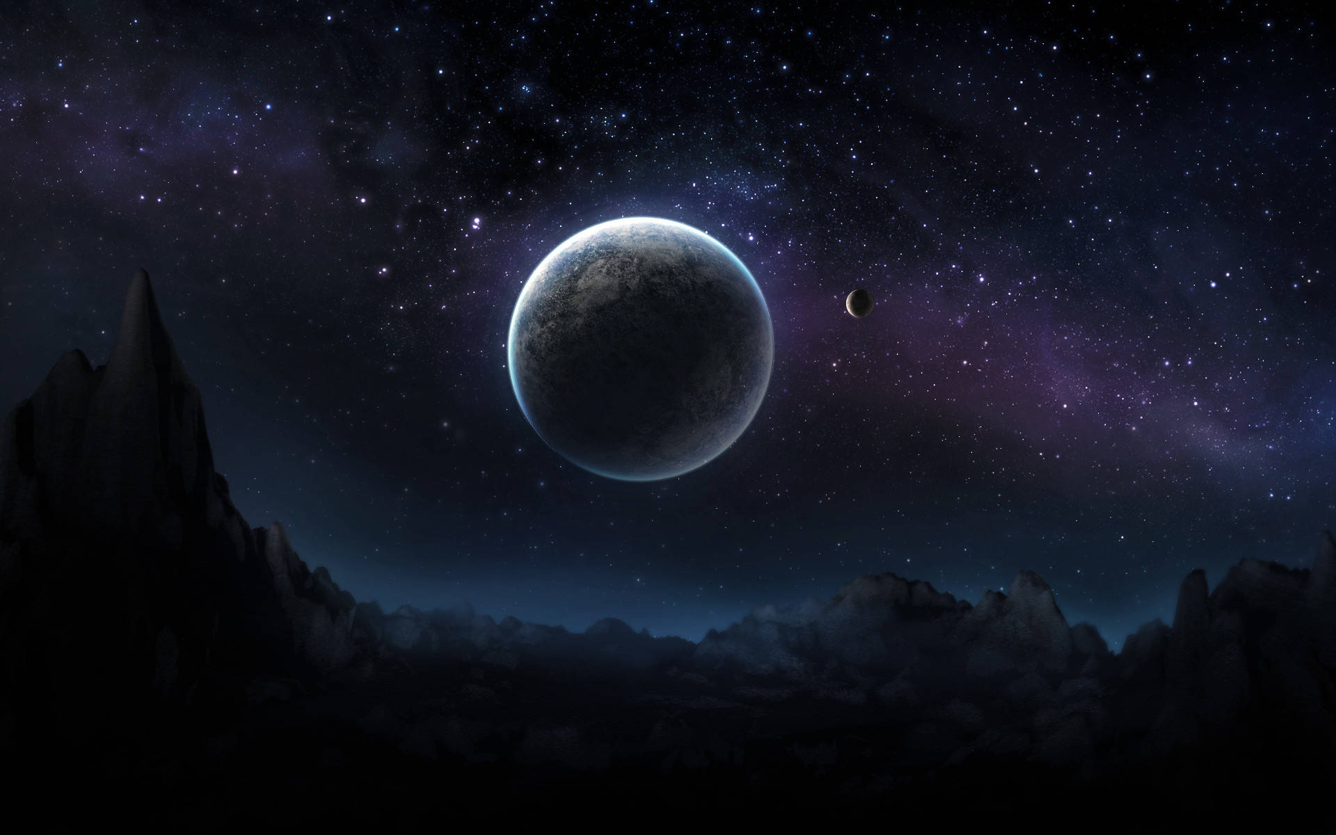 Dark Planet Galaxy Black, glowing planet, starry night sky, Full HD Desktop Wallpaper