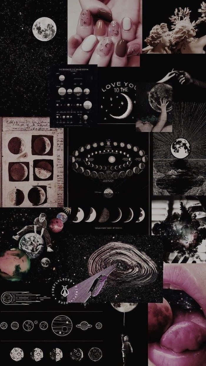 Galaxy Black Collage, moon phases, celestial bodies, SD Phone Wallpaper