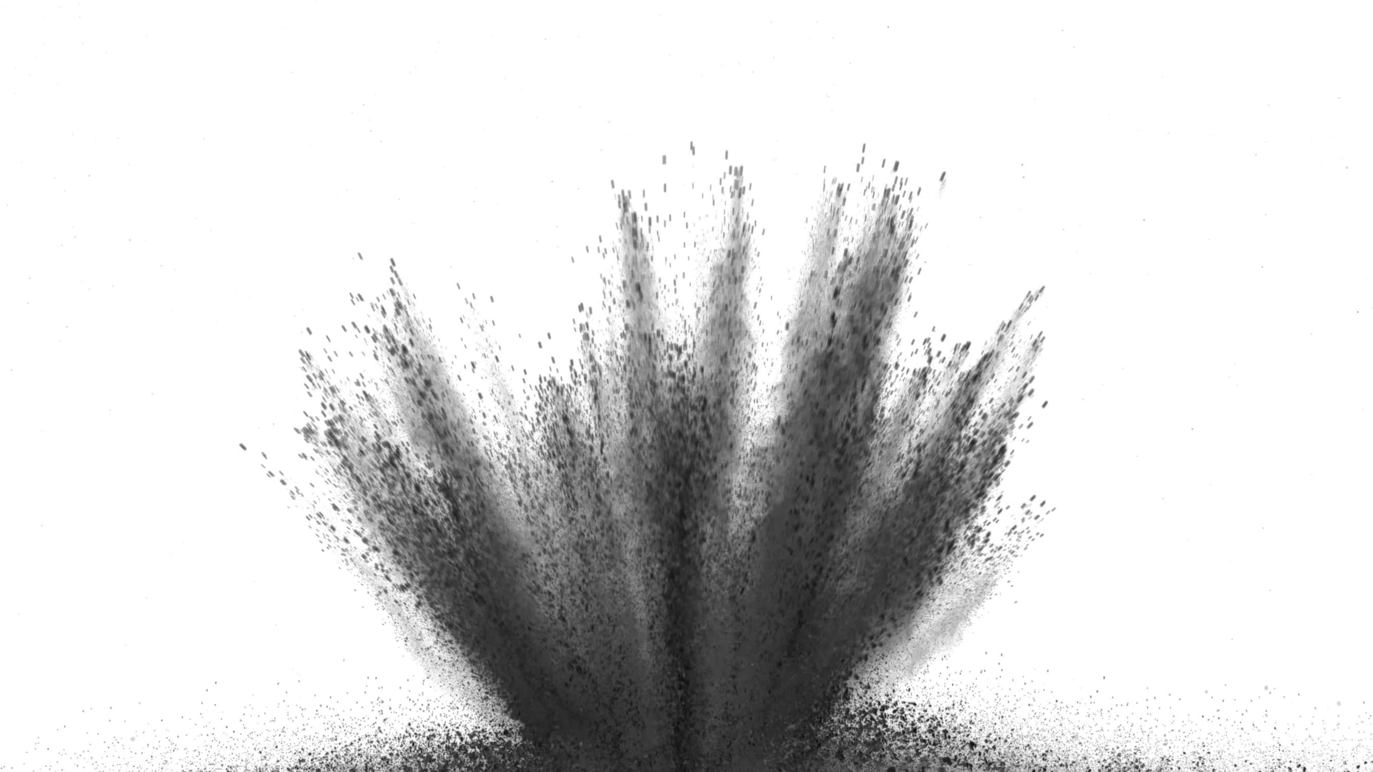 Black Powder, black powder explosion, stark white background, 2K Desktop Wallpaper
