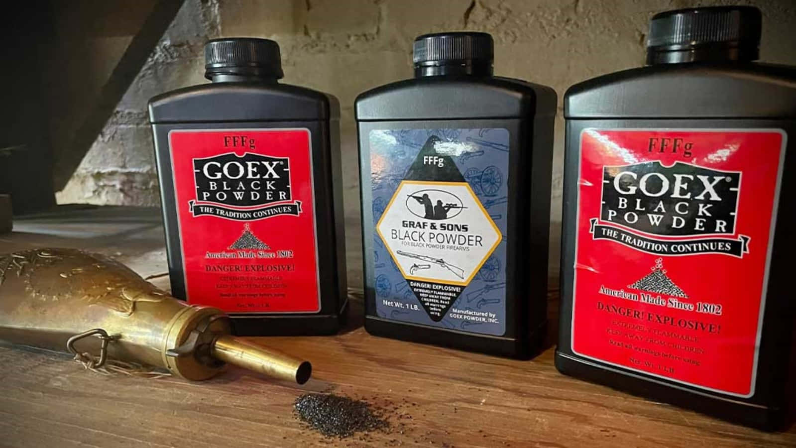 Black Powder, brass powder flask, wooden surface, HD Desktop Wallpaper