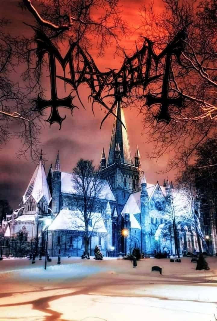 black metal music, gothic cathedral, fiery red sky, SD Phone Wallpaper