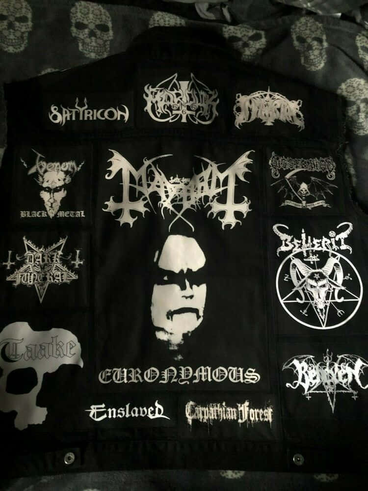 black denim vest, white embroidered black metal band patches, skull-patterned fabric, SD Phone Wallpaper